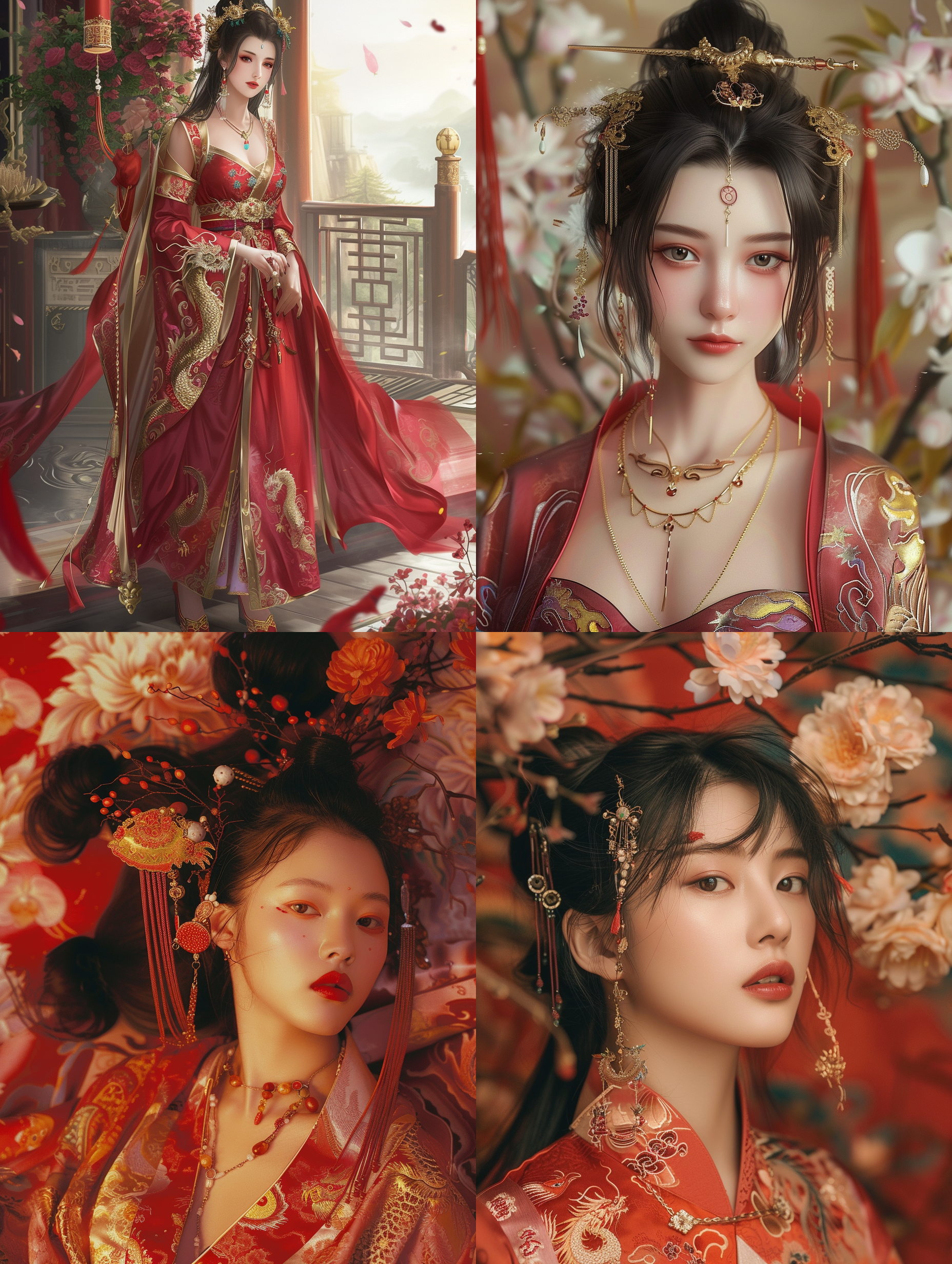 美丽的中国女孩，全身照，穿着鞋子，盘发，黑发，戴着耳环和项链，穿着红色和金色的古代中国服装，服装上有龙纹，鞋子上有发饰，背景是花朵，画面中有齐白石的风格。全景布局，明亮色彩，细节丰富，柔和光线，优雅动作，传统元素，自信表情，华丽气质。