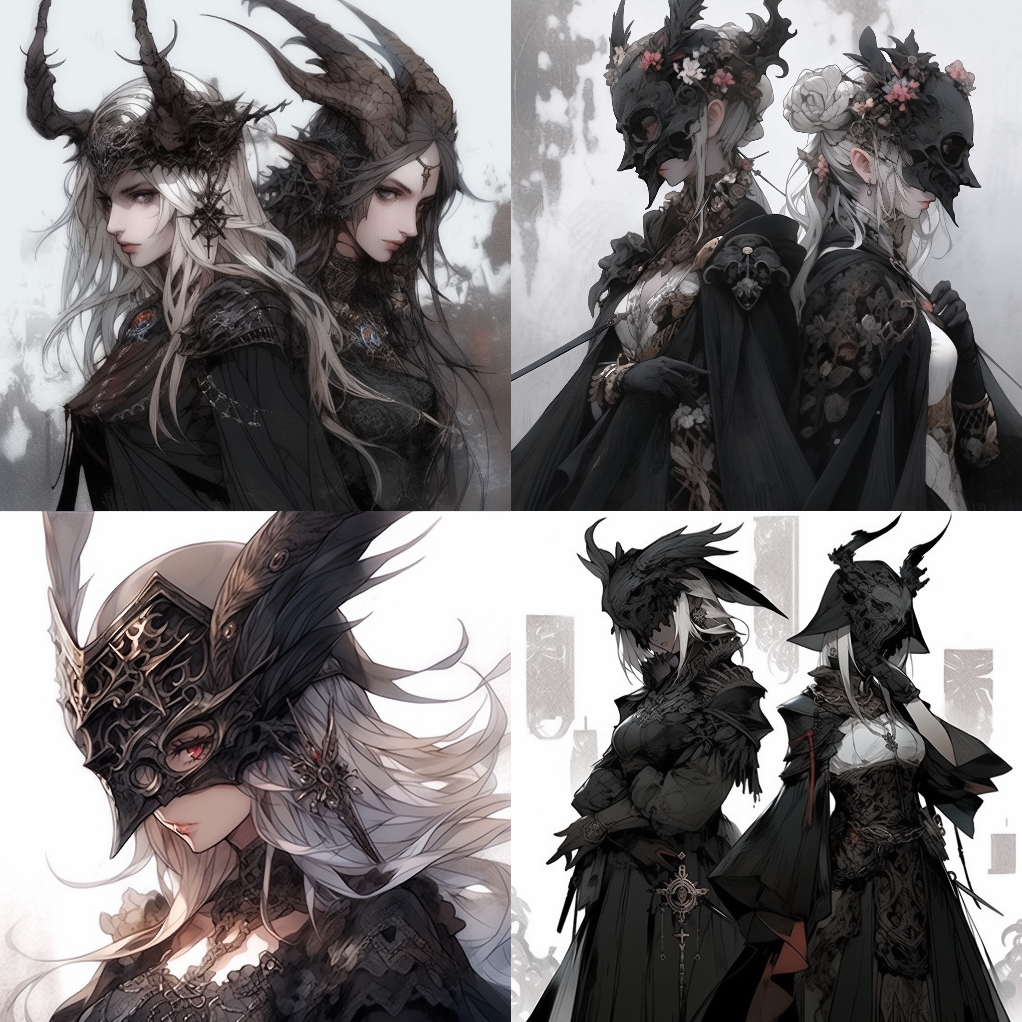 prompt. 女性佩戴面具和长角，手持剑，肩上有鸟，final fantasy风格，人物肖像，akihiko yoshida风格，哥特艺术，暗色调，细节丰富，精致线条，神秘感，角色表情深沉。