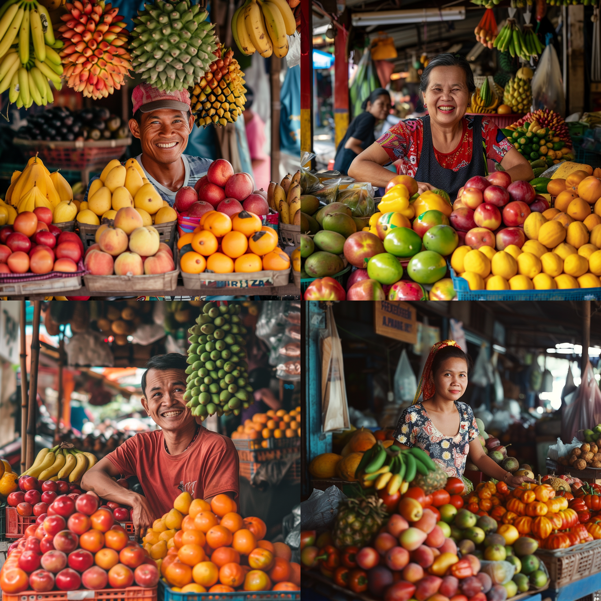 prompt. 水果摊，热情，露天市场，多样水果，明亮色彩，中心构图，标准镜头，自然光，笑容，生动。