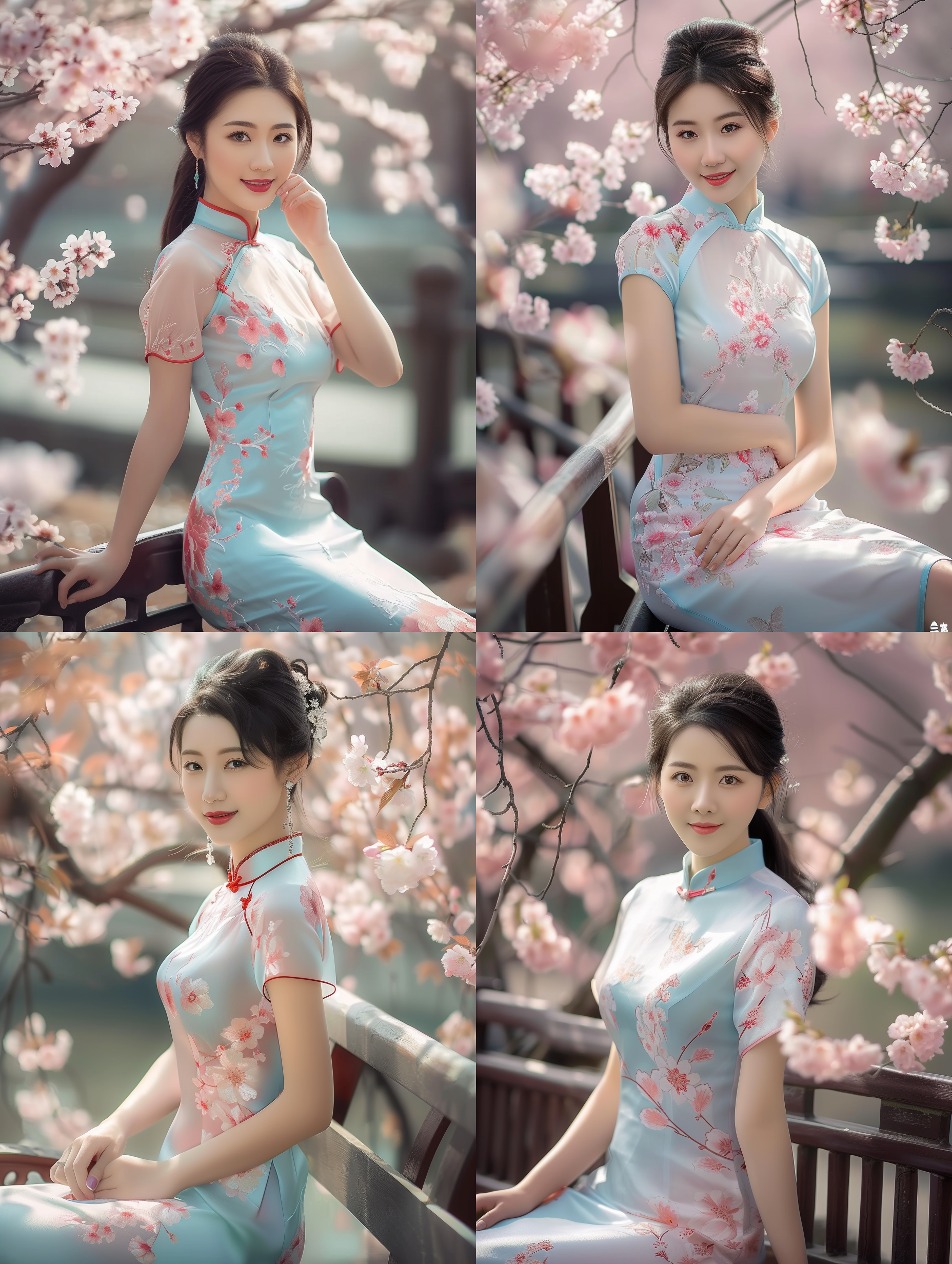 prompt. 中国美女微笑，旗袍，长椅坐姿，背景樱花，半身特写，逆光，柔和光线，镜头虚化，优雅，自信。