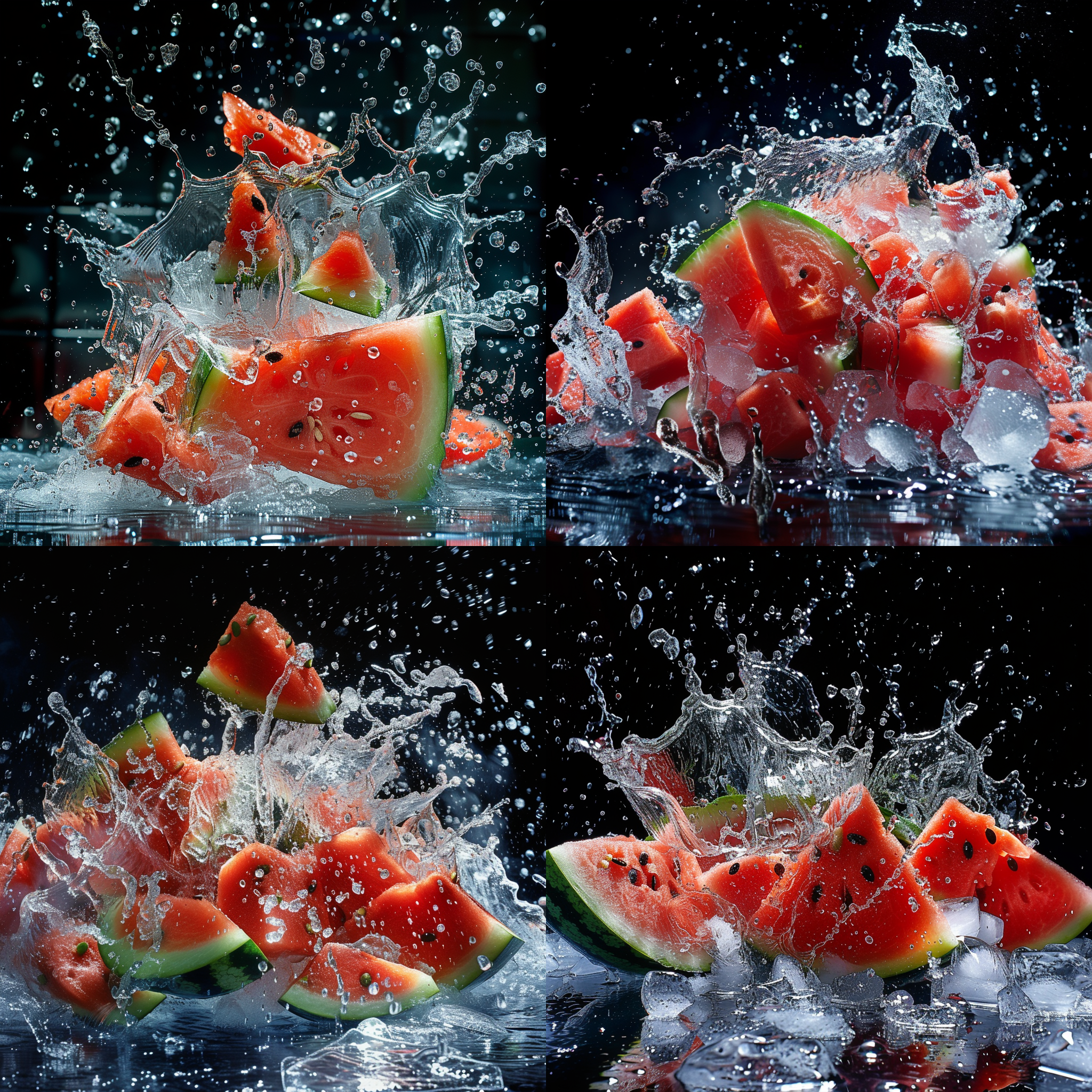 prompt. 西瓜和冰块混合，细节丰富，鲜艳色彩，对焦深度浅，慢速快门，水滴飞溅，诱人。