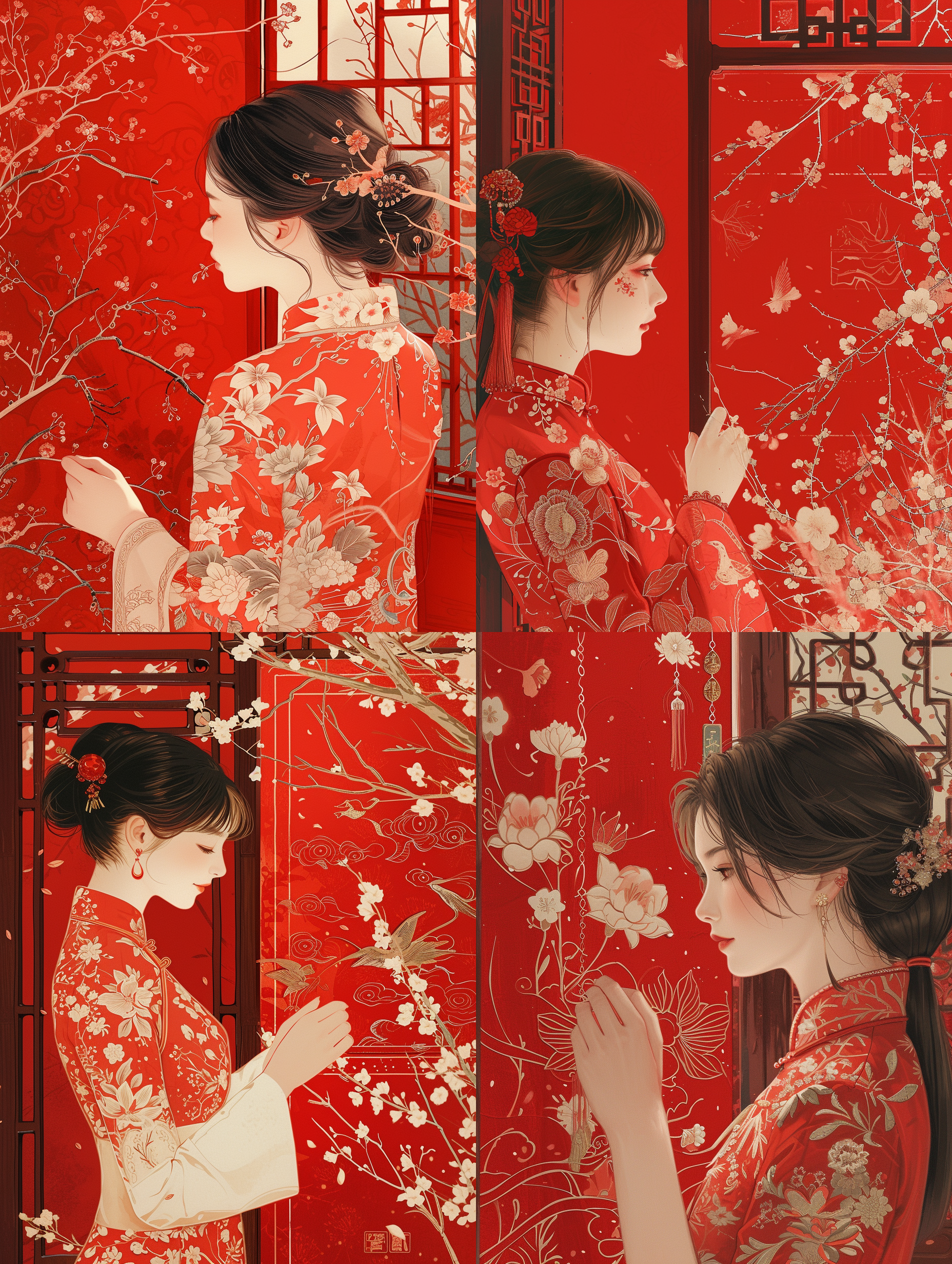 一个可爱甜美的女孩在贴红色的窗花剪纸，春节氛围，热闹喜庆，扁平风，动漫人像 ，卡通，高清画质，细节描绘