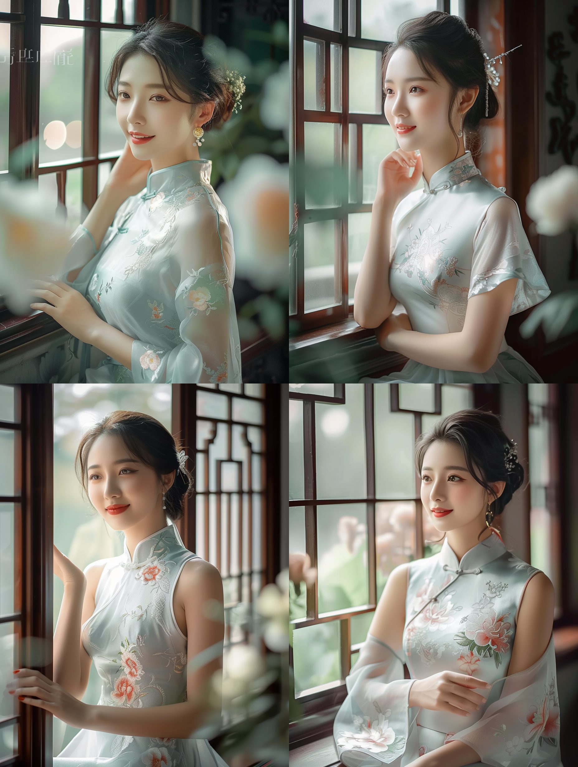 室内窗口，中国美女微笑，旗袍，半身特写，侧逆光，柔和光线，镜头虚化，窗外景色，优雅，自信。