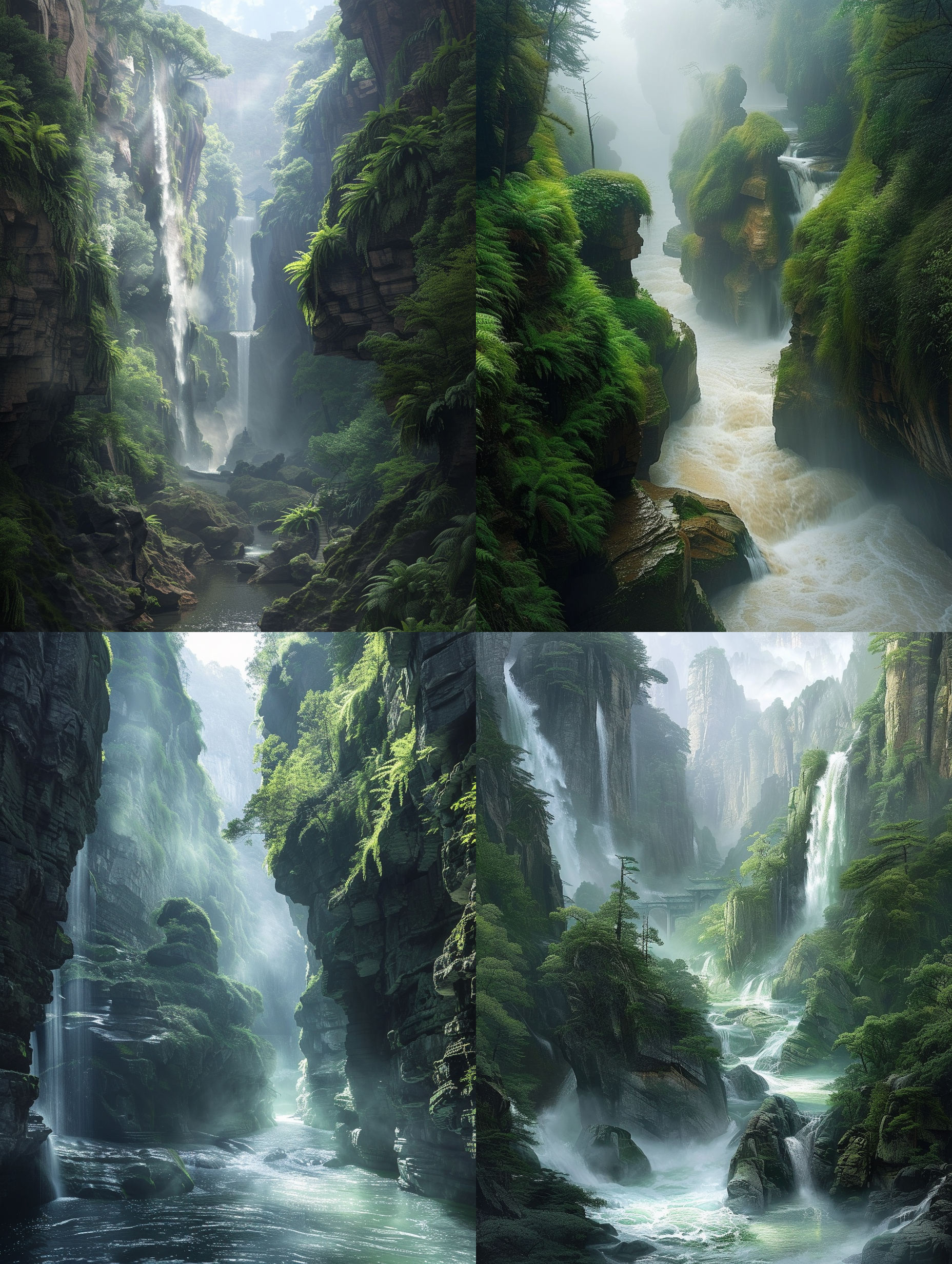 prompt. 西伯利亚森林大峡谷，曲流水，浪花溅起，蕨类植被，望峰亭，古松，百米瀑布，水雾，乐山大佛石刻，仙境氛围，8k画质，细节丰富，色彩层次，艺术美感。