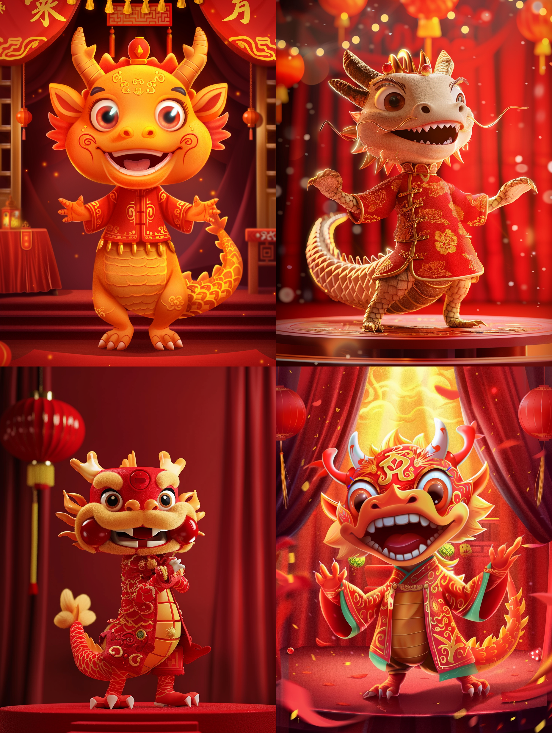 穿着中式服装的一条卡通龙， t台上, 模特步，观众席，拜年动作，时尚，可爱，幸福，红色背景，卡通艺术