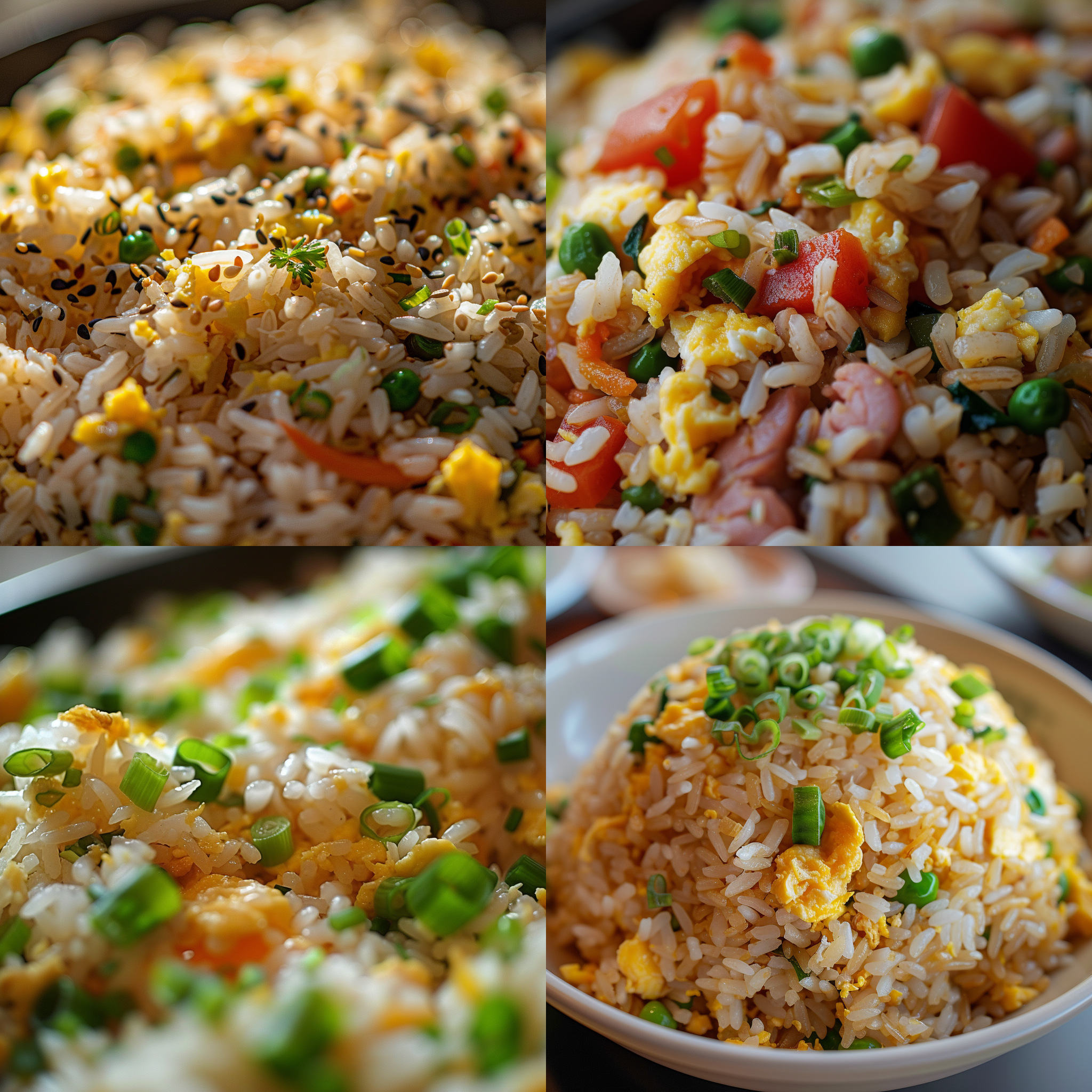 prompt. 鸡蛋炒饭，特写，明亮环境，微距镜头，清晰细节，高饱和度，色彩丰富，鲜艳，诱人，美味，香气四溢。