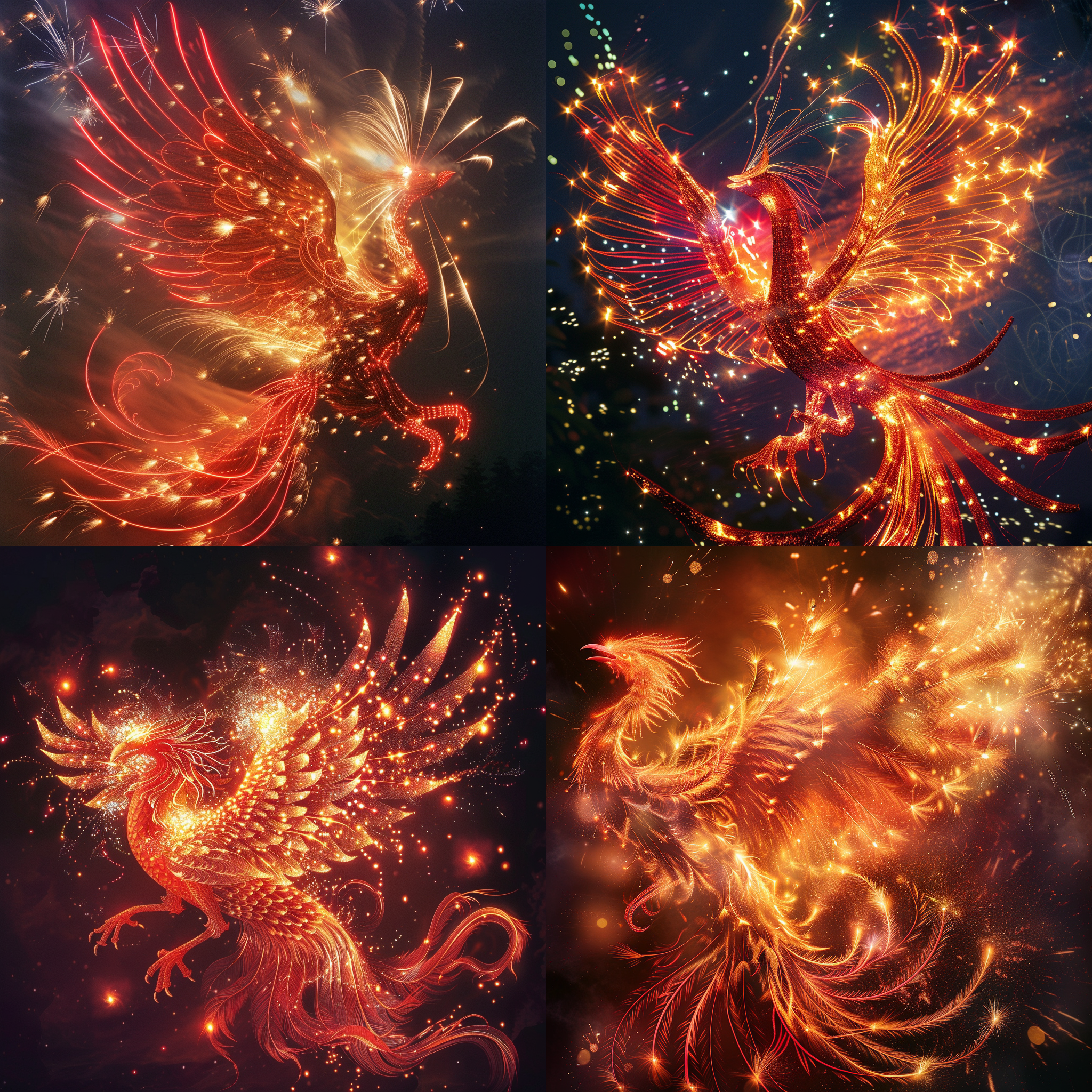 烟花组成的中国凤凰，在夜空中飞舞，展现出绚丽多彩的光芒。凤凰的羽毛呈现出华丽的红色和金色，翅膀散发着耀眼的光辉。凤凰的姿态优雅而自信，它的眼神中透露出智慧和力量。整个画面充满了魔幻和神秘感。烟花的爆炸形成了各种形状和图案，为凤凰增添了动感和生命力。照片采用长曝光技术，捕捉到烟花的流动和凤凰的飞翔。 烟花、凤凰、夜空、光芒、羽毛、红色、金色、姿态、眼神、智慧、力量、魔幻、神秘、爆炸、形状、图案、动感、生命力、长曝光技术、流动、飞翔。