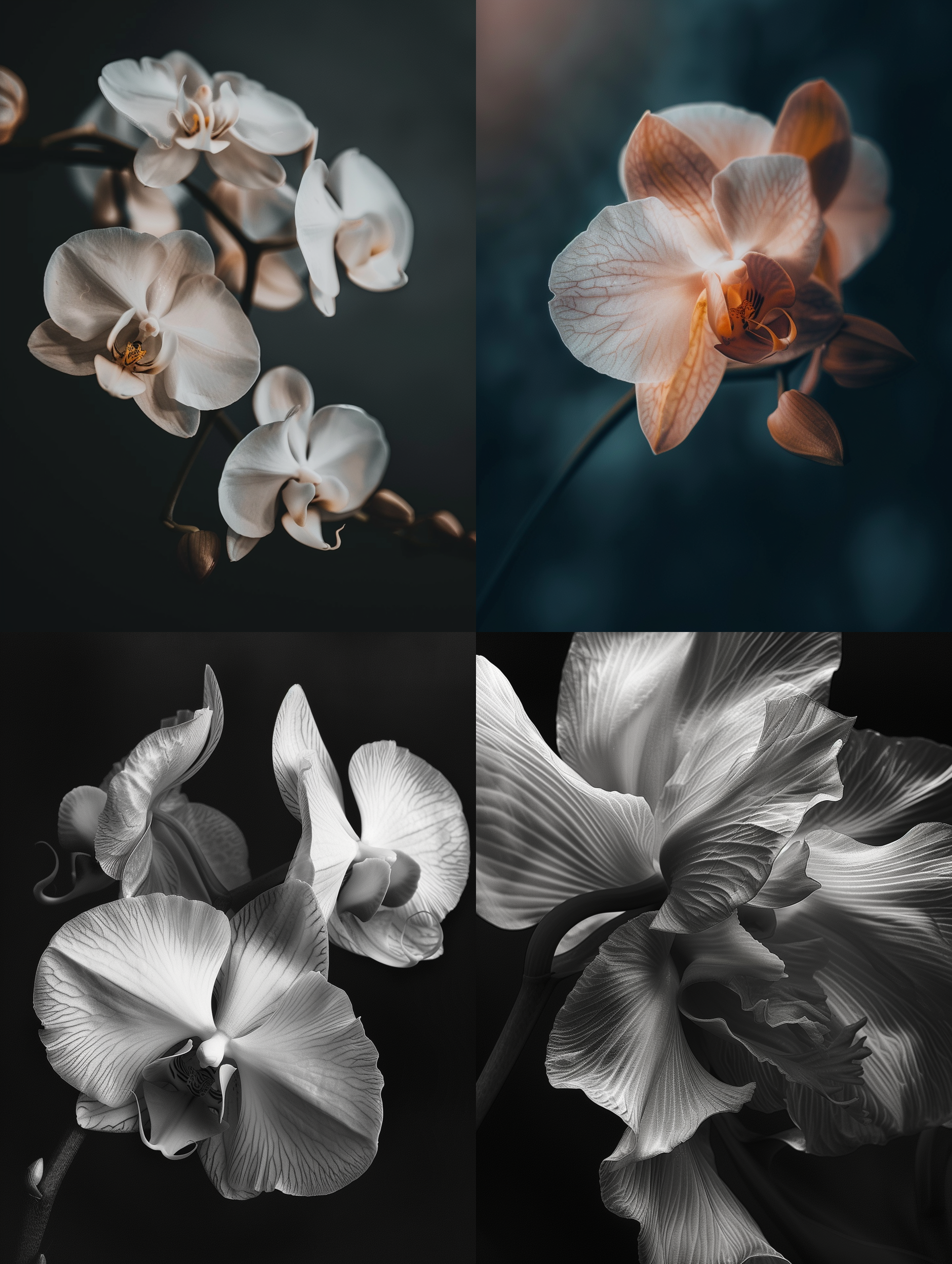 prompt. 蝴蝶兰，微距镜头，细节清晰，光影交错，花瓣纹理，浅景深，暗背景，静态，柔和色调，优雅。