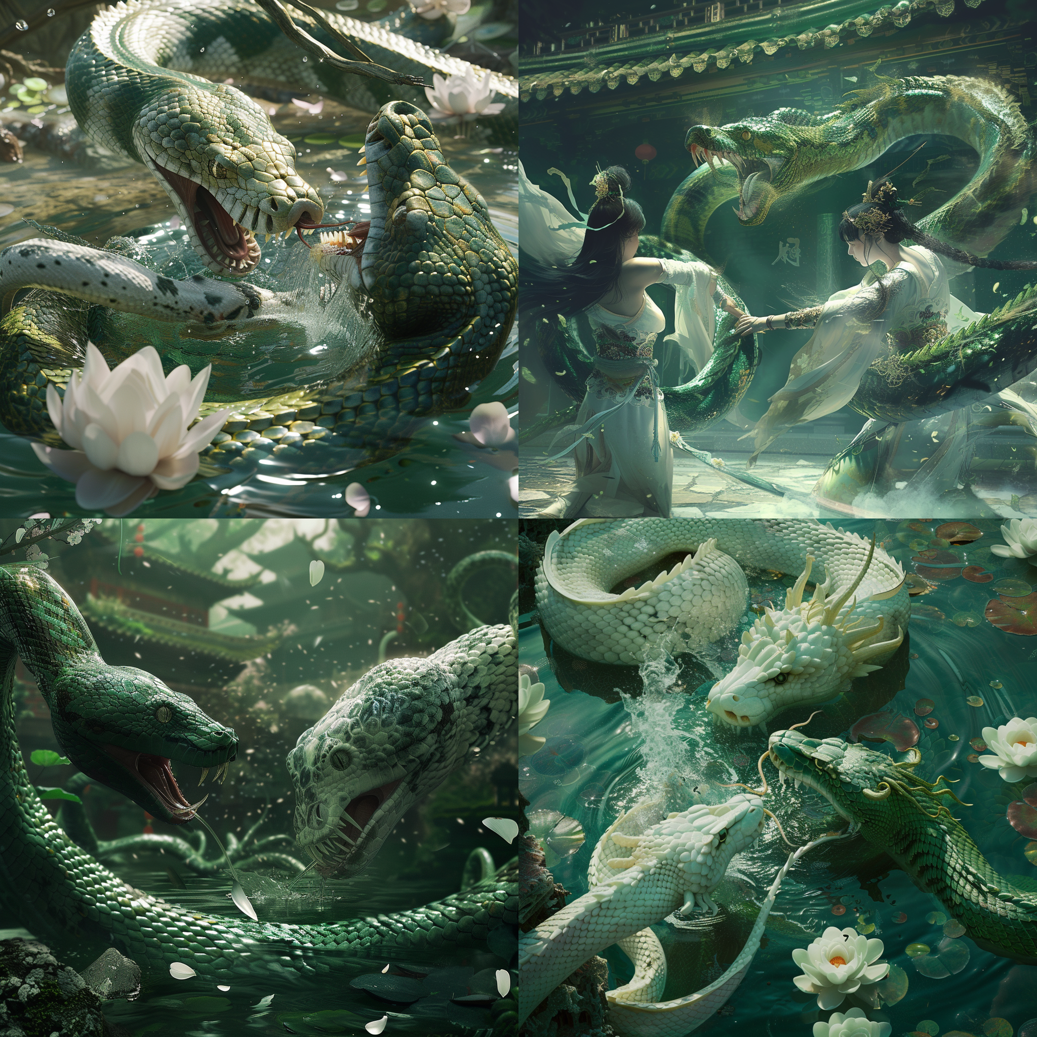 prompt. 白色巨蟒与绿色巨蟒搏斗，武术风格，战争，剑，亭台，细致美丽的面容，奇幻艺术，绿色、深色和白色，中国童话，抽象，池塘，许多花瓣，高度细节，逼真光影，生动色彩，动感，电影感，8k，概念艺术，逼真，cry引擎，ar 21:9，s 500.