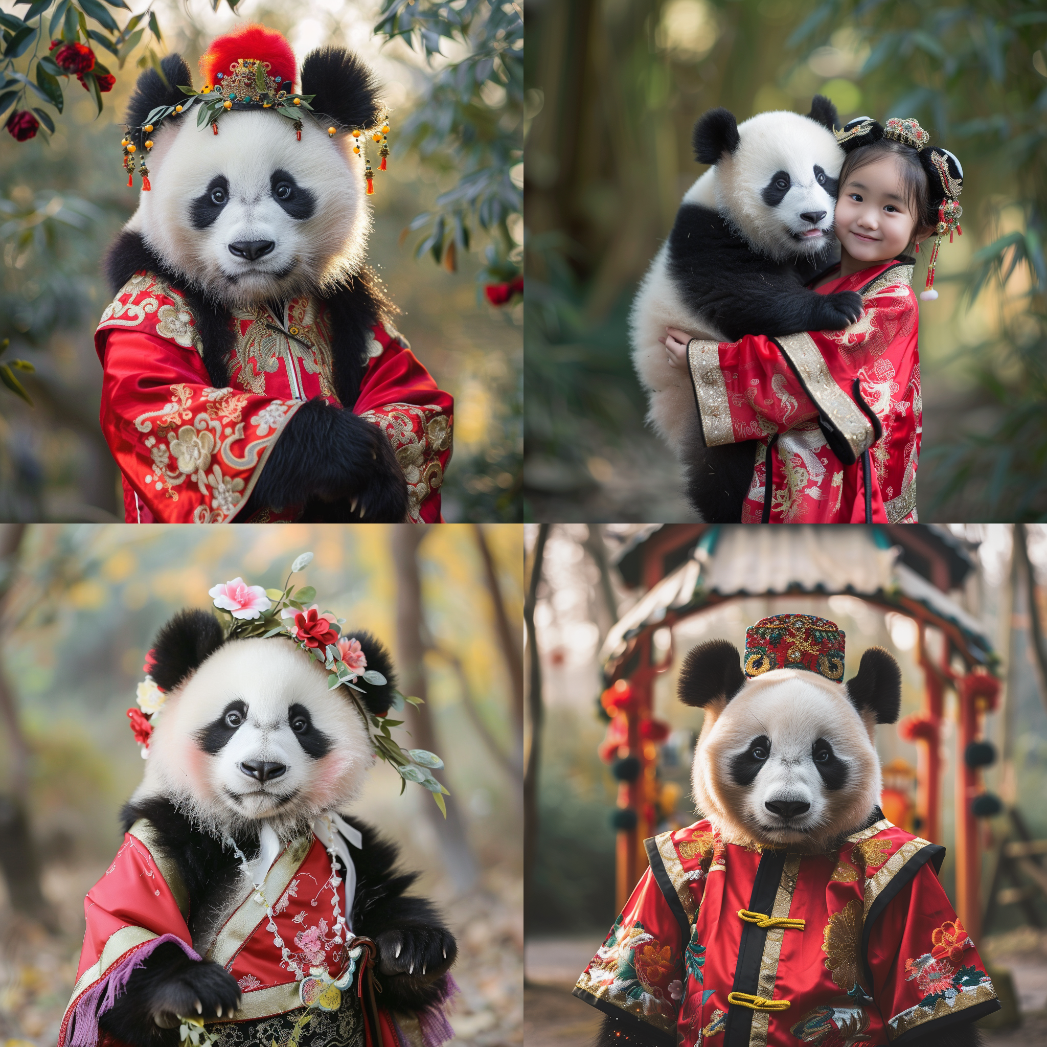 可爱大熊猫，中国传统服饰，龙年元素，1:2头身比，细致面部，丰盈毛发。佳能相机，中速快门，短焦镜头，明亮光线，自然环境，喜庆氛围。