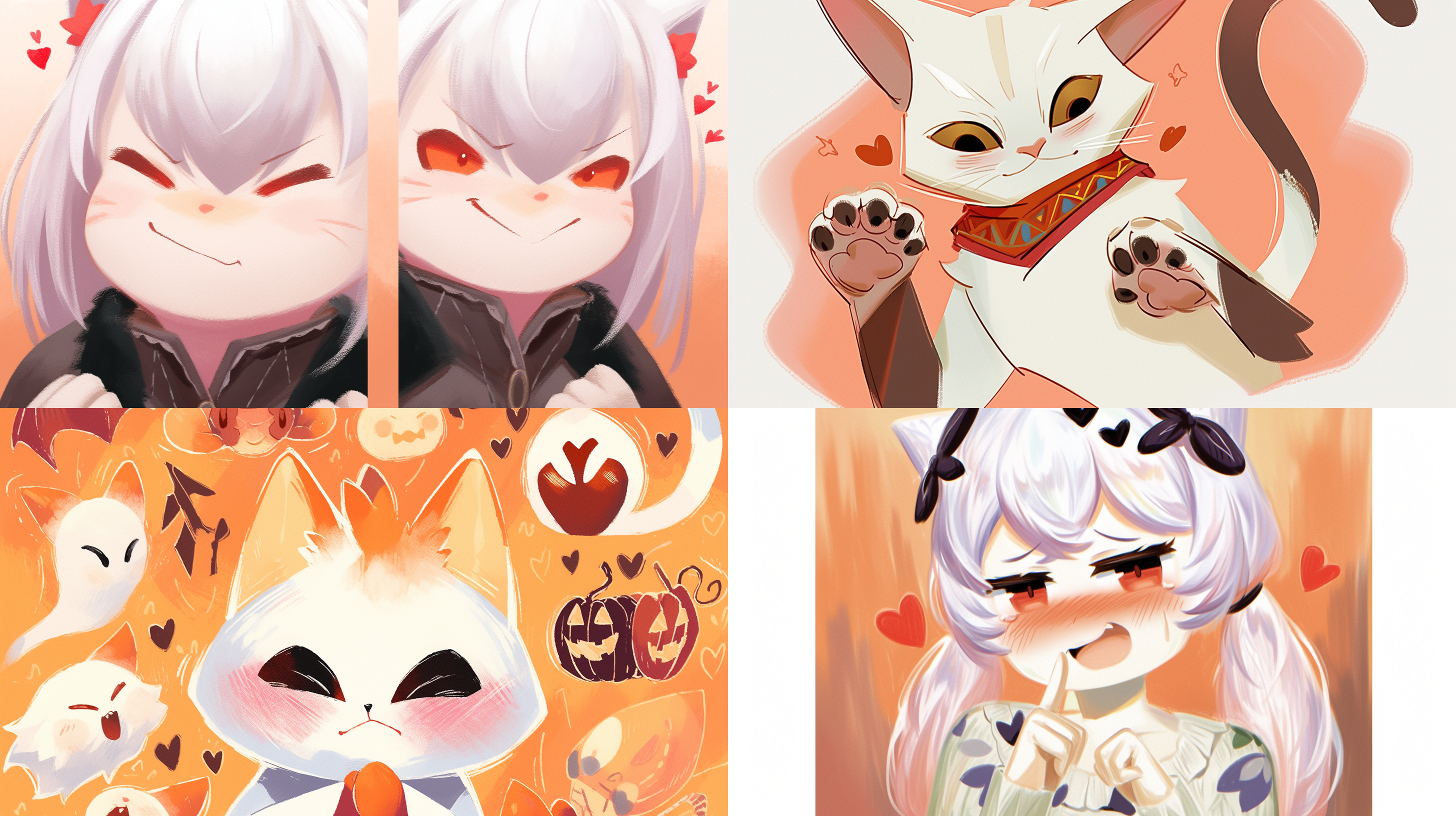 拟人化风格，迪士尼风格，韩式风格，不同的情绪，多重动作和表达，白色小猫咪。角度适中，色彩明亮，环境温馨，柔光照射，广角镜头，快速快