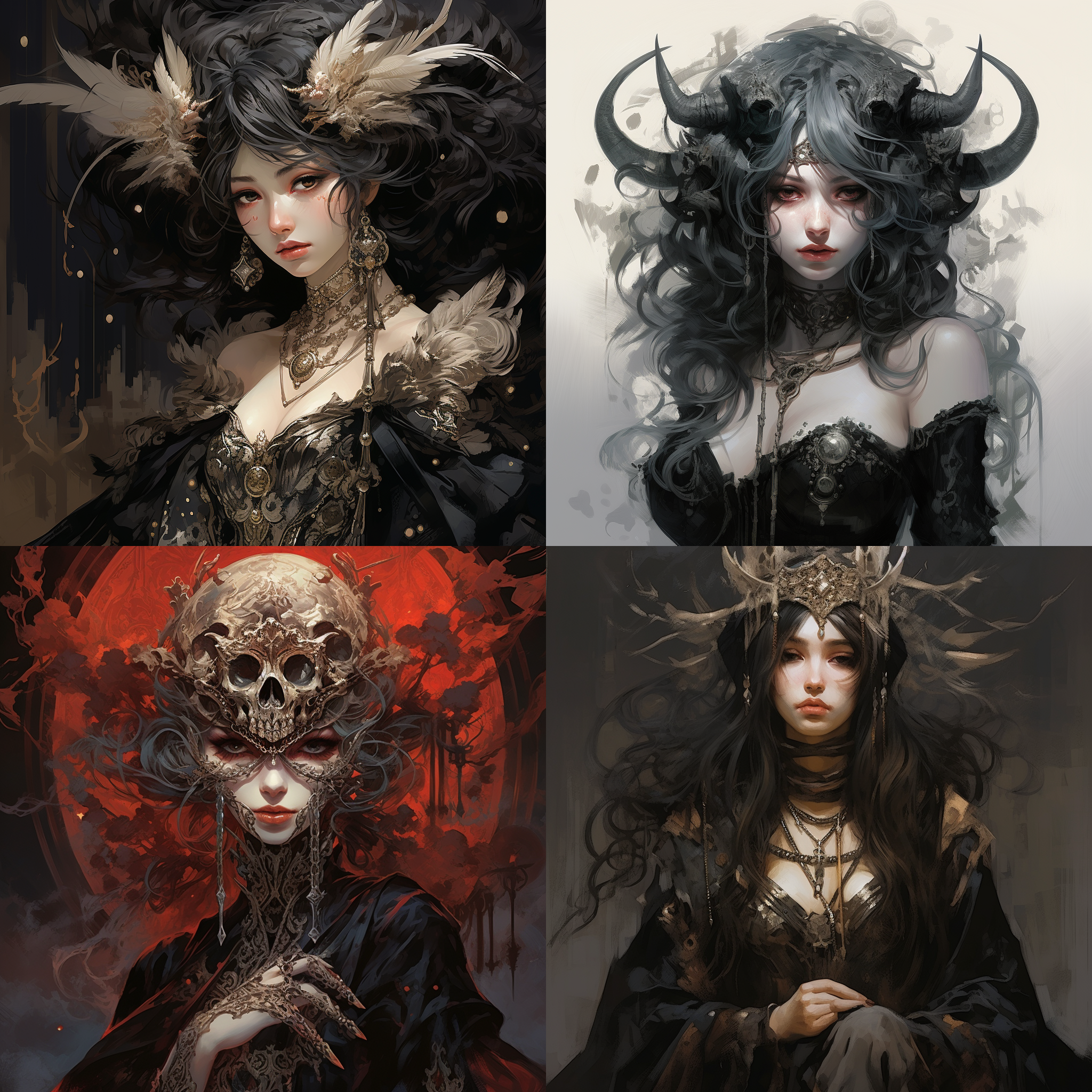 prompt. 女性佩戴面具和长角，手持剑，肩上有鸟，final fantasy 风格，人物肖像，akihiko yoshida 风格，哥特艺术，细节丰富，阴暗色调，侧光，细腻线条，神秘感。