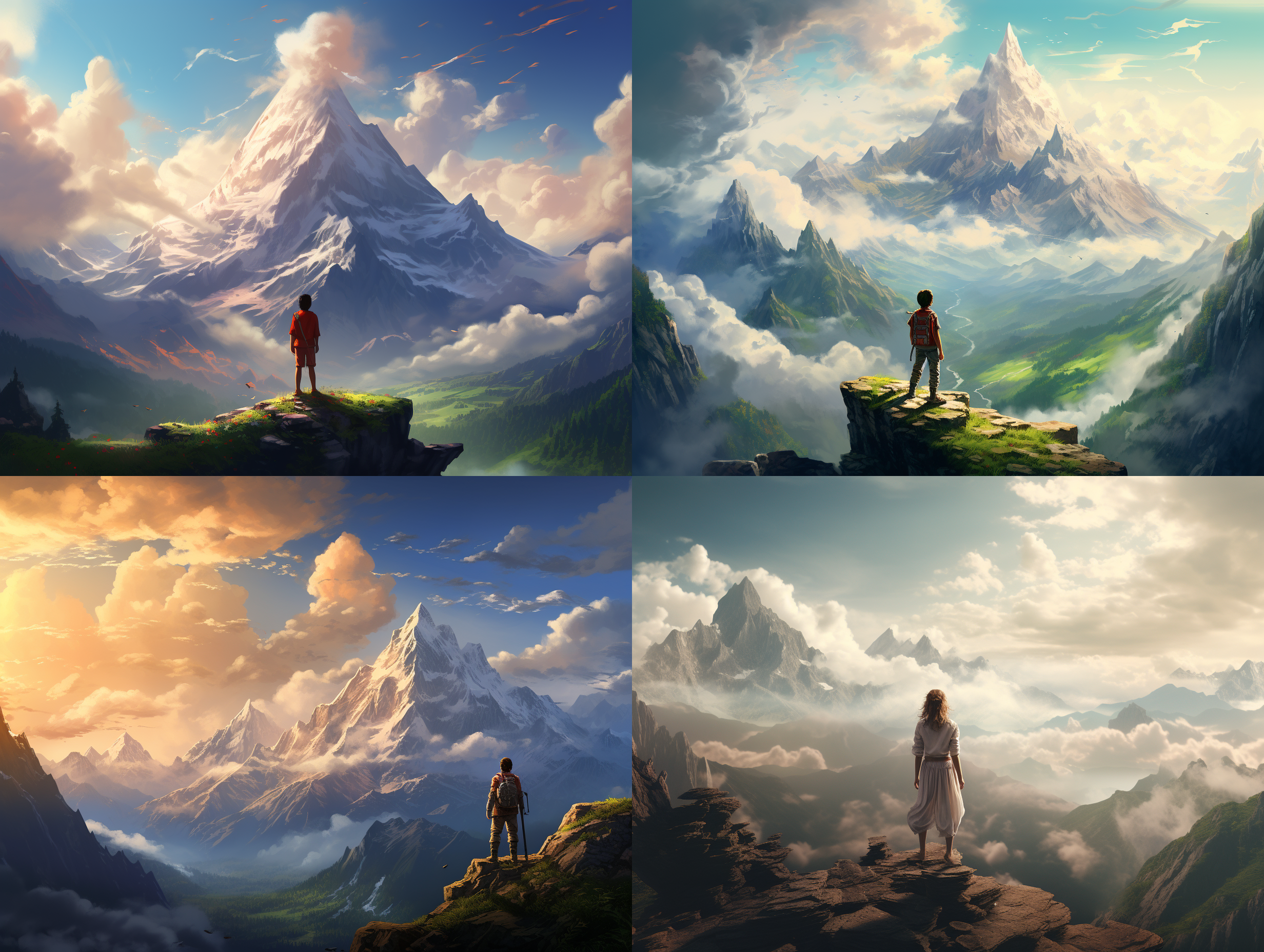 prompt. 宏伟山脉，梦幻光芒，柔和色调，超广角镜头，自然光，人物仰望，欢喜，和平。