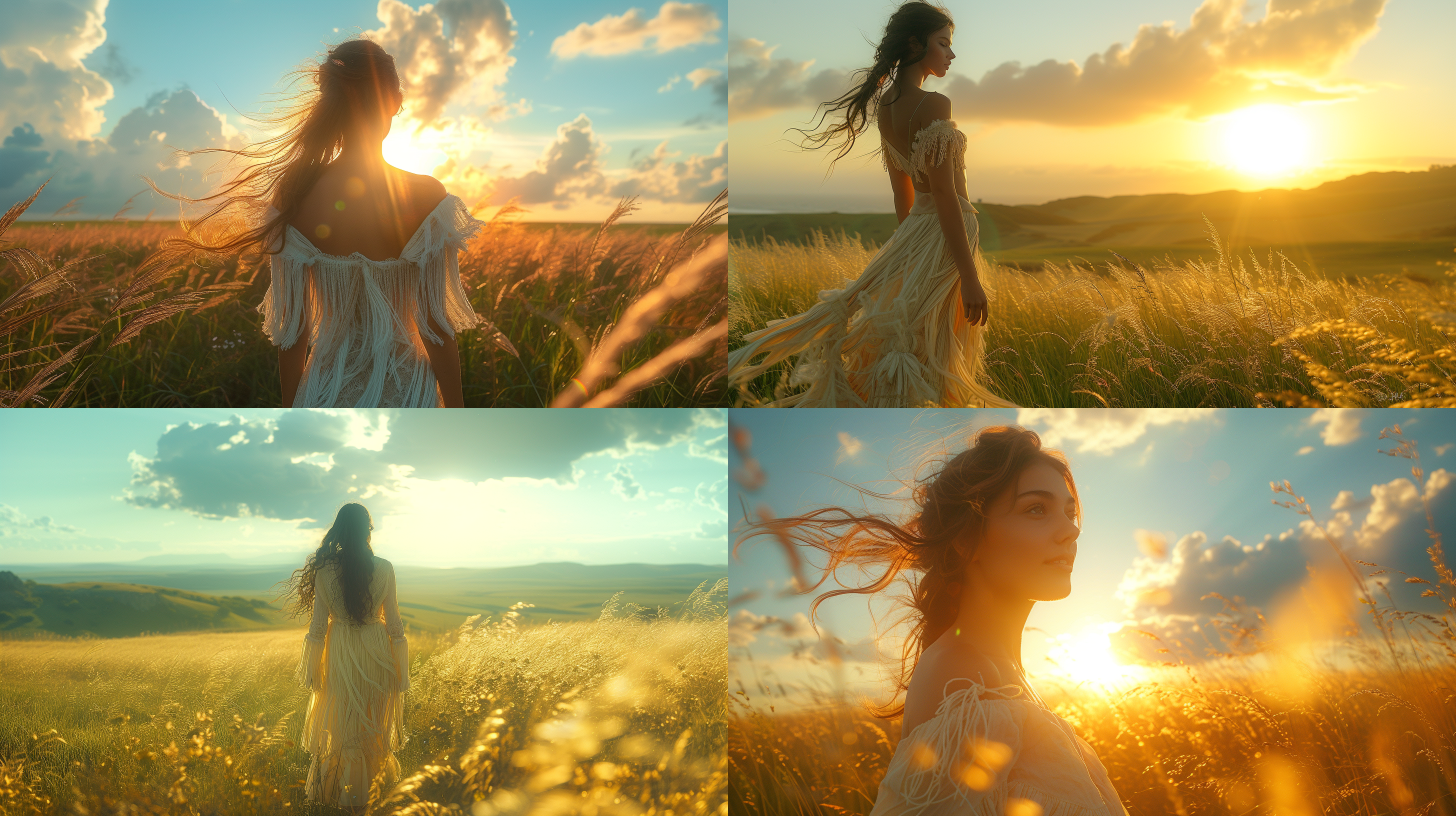 电影感照片，一位女孩超广角由哈苏x1d捕捉，21:9比例原始风格，女孩站在宽阔的草原上，身穿流苏连衣裙，微风吹拂着她的长发，明亮的阳光从天空洒下，照亮她自信而宛如电影主角般的笑容。