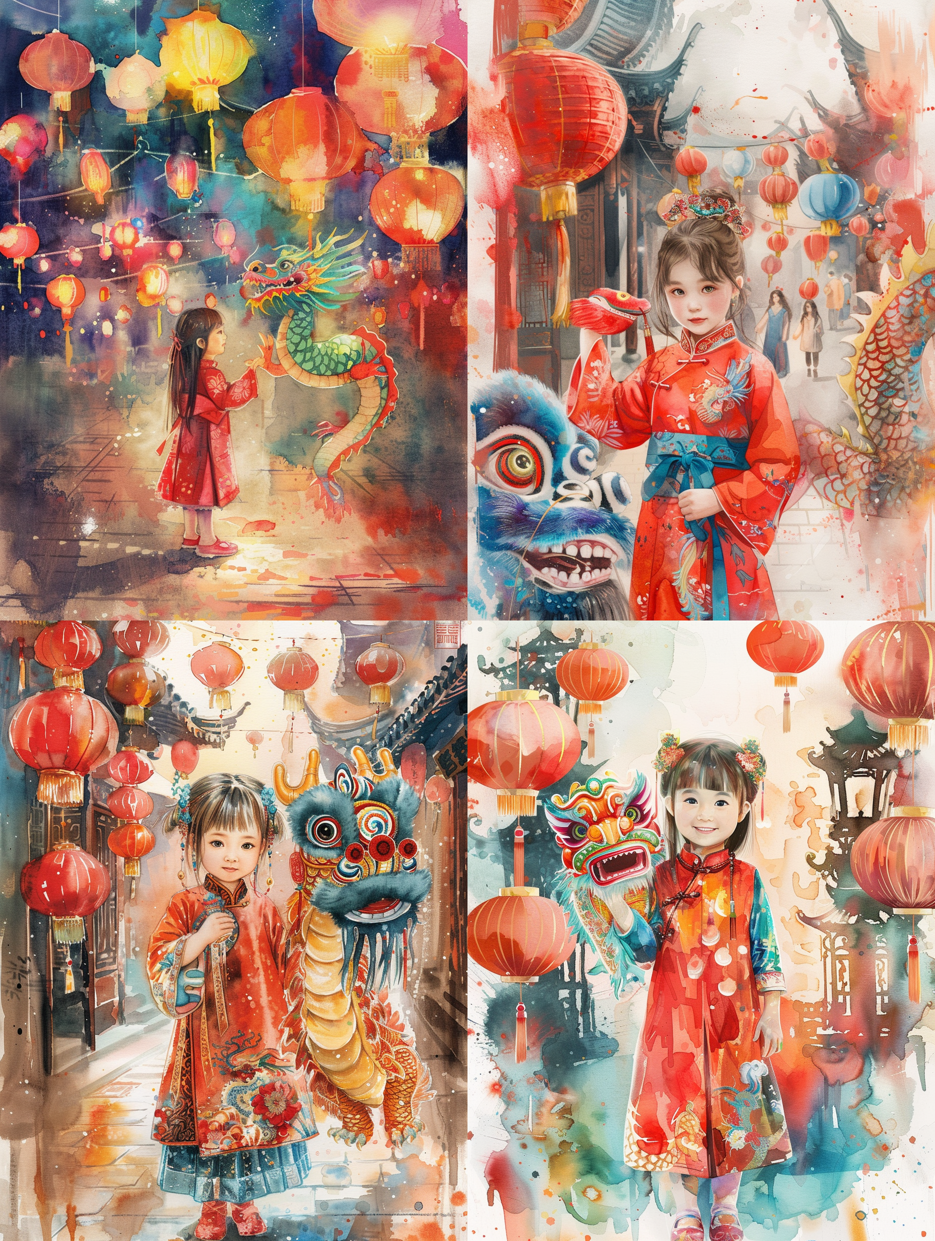 中国小女孩在春节期间，身穿传统汉服，站在街头。她手中拿着一条绚丽多彩的中国龙，周围装饰着灯笼和春联。整个画面呈现出水彩画风格，色彩鲜艳明亮，充满了节日的喜庆氛围。 汉服，中国龙，灯笼，春联，水彩画风格，绚丽多彩，节日喜庆，街头，传统，鲜艳明亮
