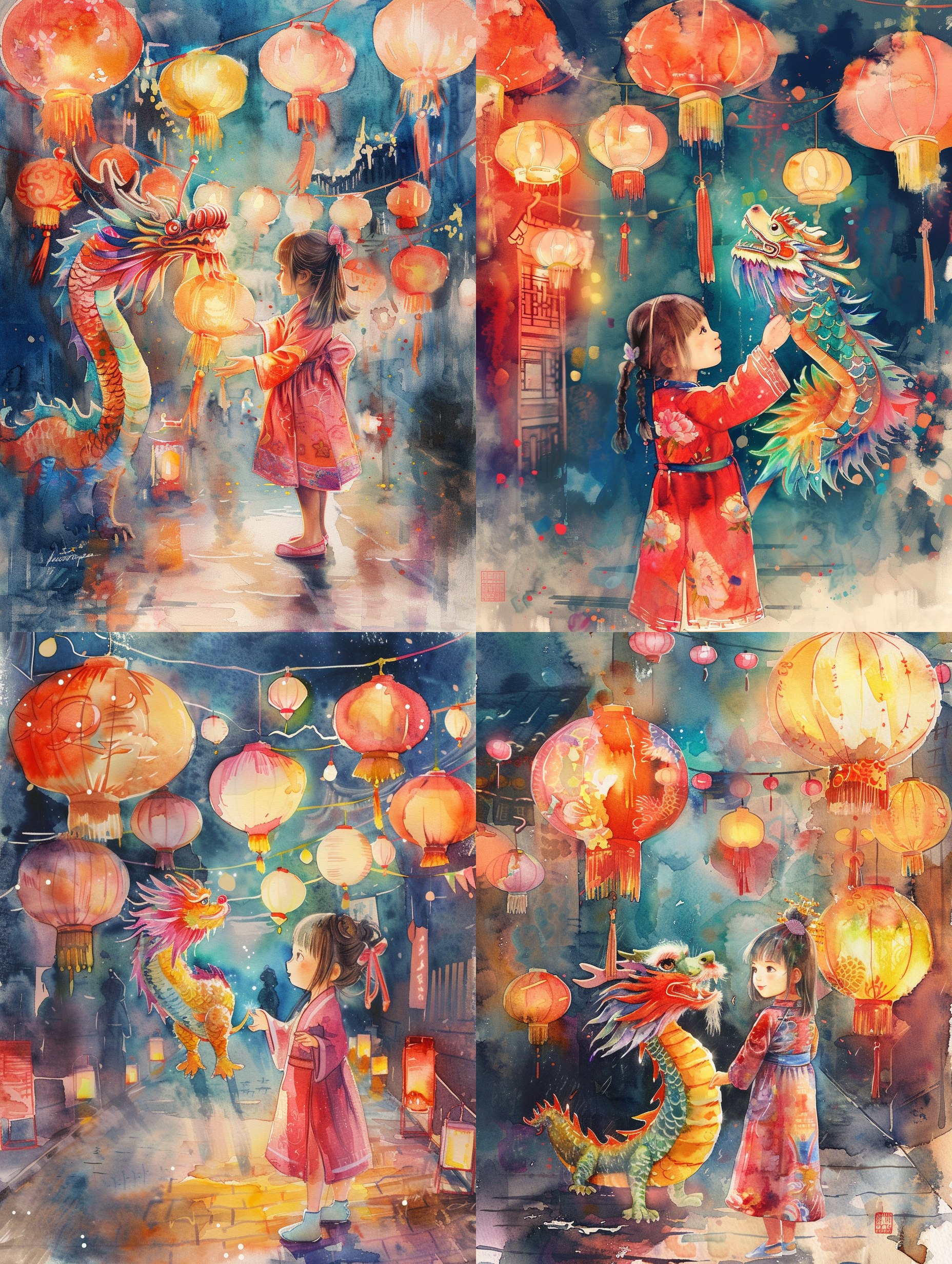 中国小女孩在春节期间，身穿传统汉服，站在街头。她手中拿着一条绚丽多彩的中国龙，周围装饰着灯笼和春联。整个画面呈现出水彩画风格，色彩鲜艳明亮，充满了节日的喜庆氛围。 汉服，中国龙，灯笼，春联，水彩画风格，绚丽多彩，节日喜庆，街头，传统，鲜艳明亮