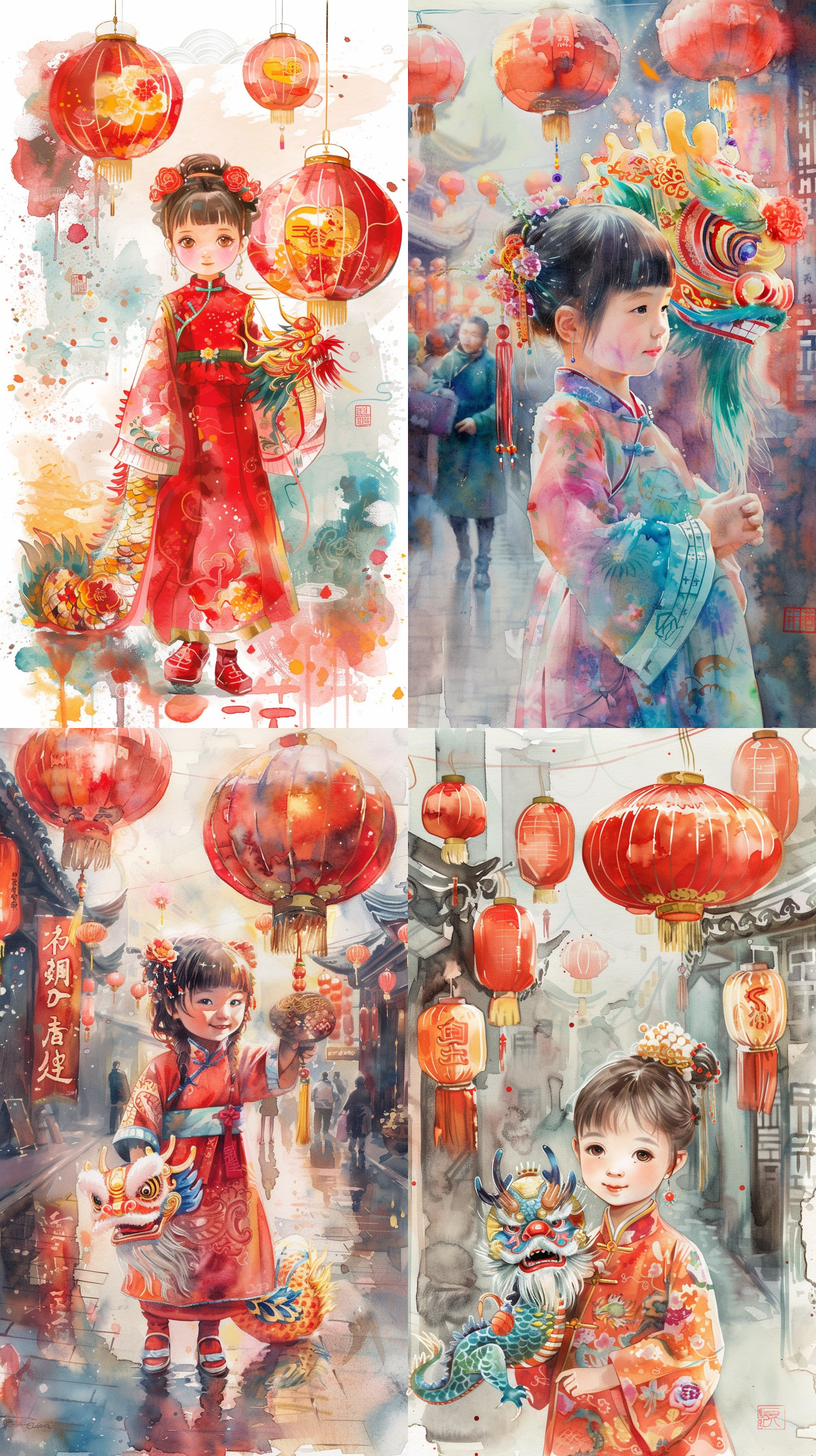中国小女孩在春节期间，身穿传统汉服，站在街头。她手中拿着一条绚丽多彩的中国龙，周围装饰着灯笼和春联。整个画面呈现出水彩画风格，色彩鲜艳明亮，充满了节日的喜庆氛围。 汉服，中国龙，灯笼，春联，水彩画风格，绚丽多彩，节日喜庆，街头，传统，鲜艳明亮