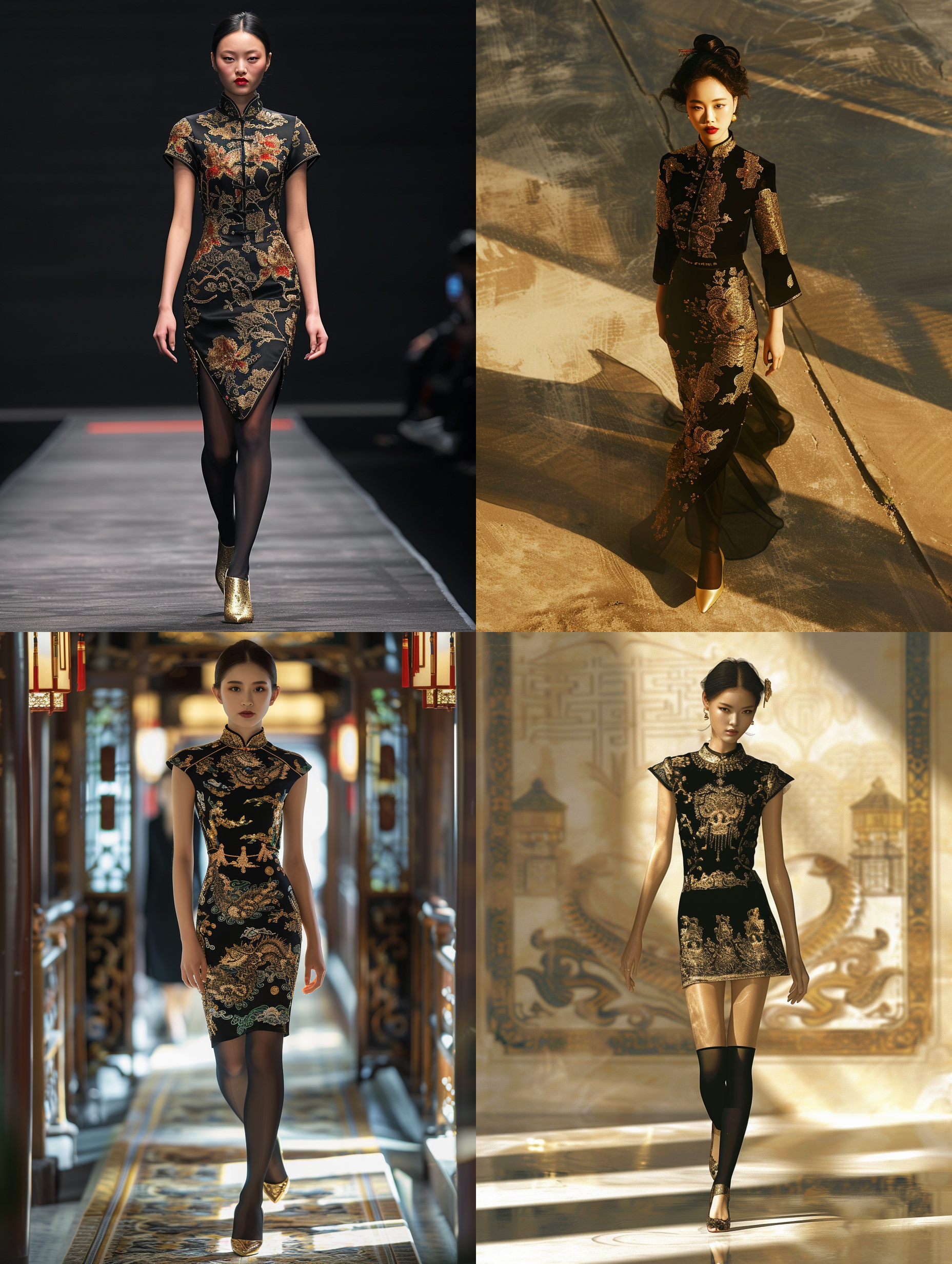 prompt. 中国美女，穿着黑色和金色的镂空旗袍走在t台上，全身高度，金色高跟鞋，黑色长尼龙丝袜，全身视图，摄影，高质量，逼真，华丽，光影效果，细节丰富，色彩鲜明，瞬间捕捉。