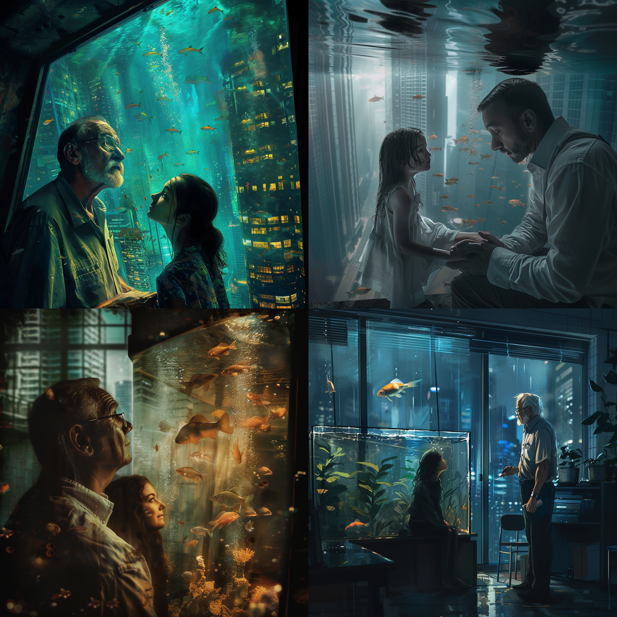 prompt. 50岁父亲关心25岁女儿，高楼大厦内，明暗对比，色彩丰富，真实风格。对角线布局，鱼缸内，广角镜头，水中透视，柔和侧光，动态抓拍，温暖色调，情感交织，亲情，奋斗，思考。