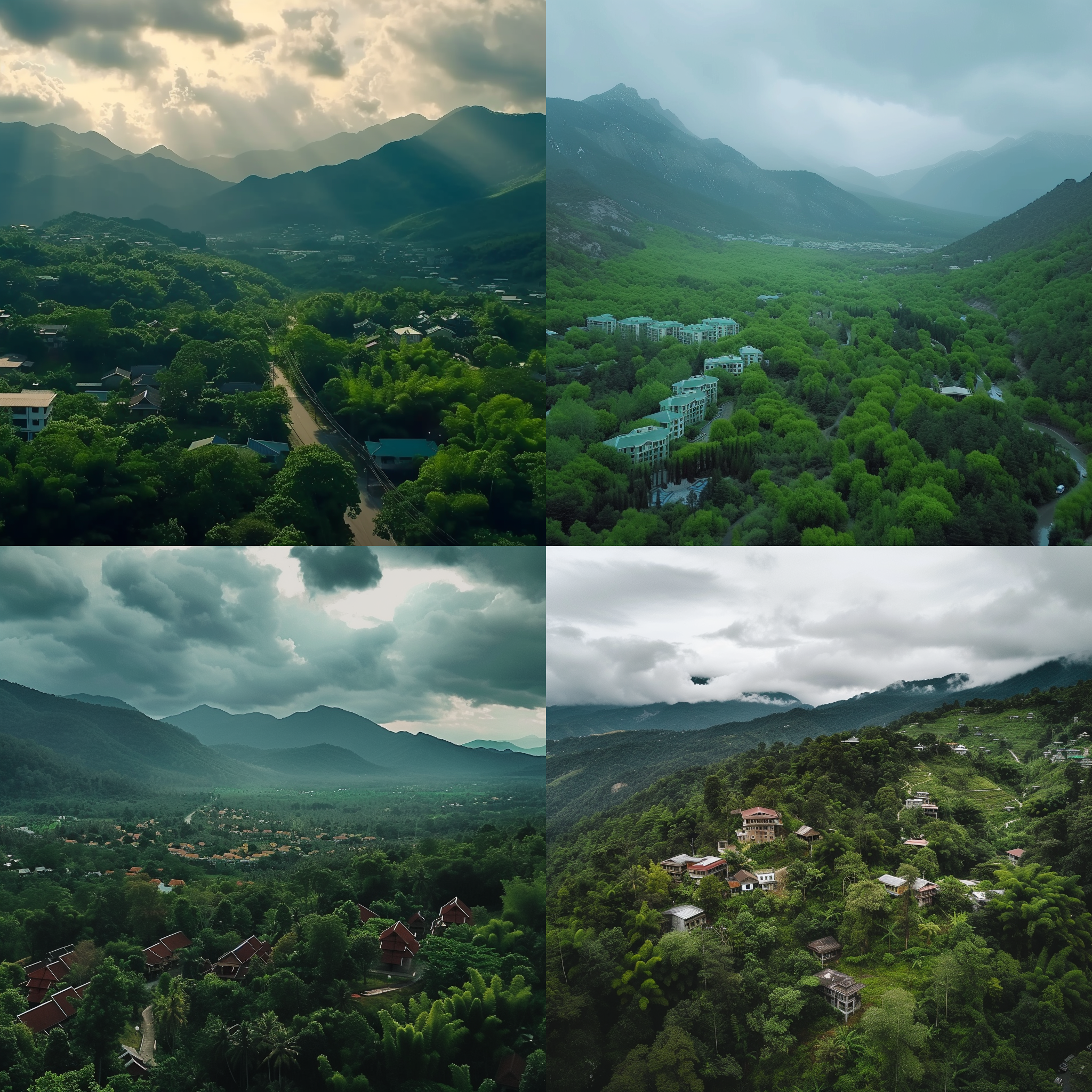 prompt. 雨后山林，绿树成片，有山岭，𡋾墅成群，远景，真实拍摄，4k，超清晰 