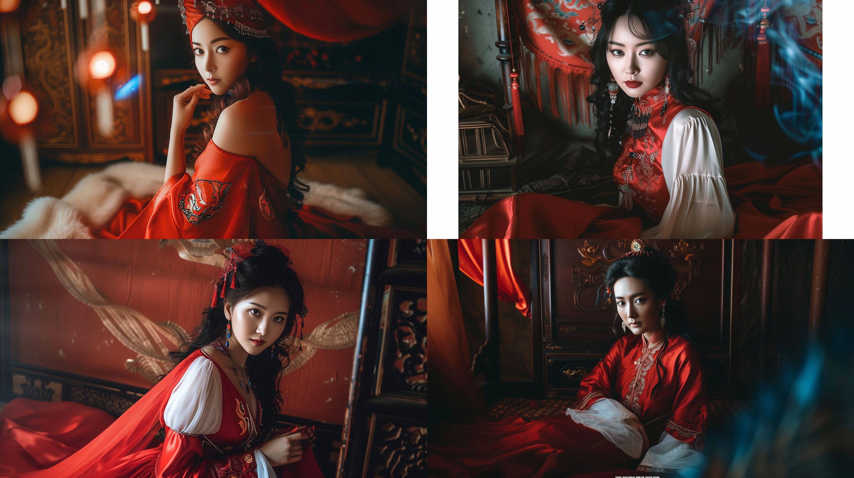 黑红色民族服饰，1980s风格，人像写真，8k，灯光照明，中式家具背景，长焦镜头，自信从容，鲜艳色彩，神秘氛围，夜晚室内拍摄，高对比度，暗调。