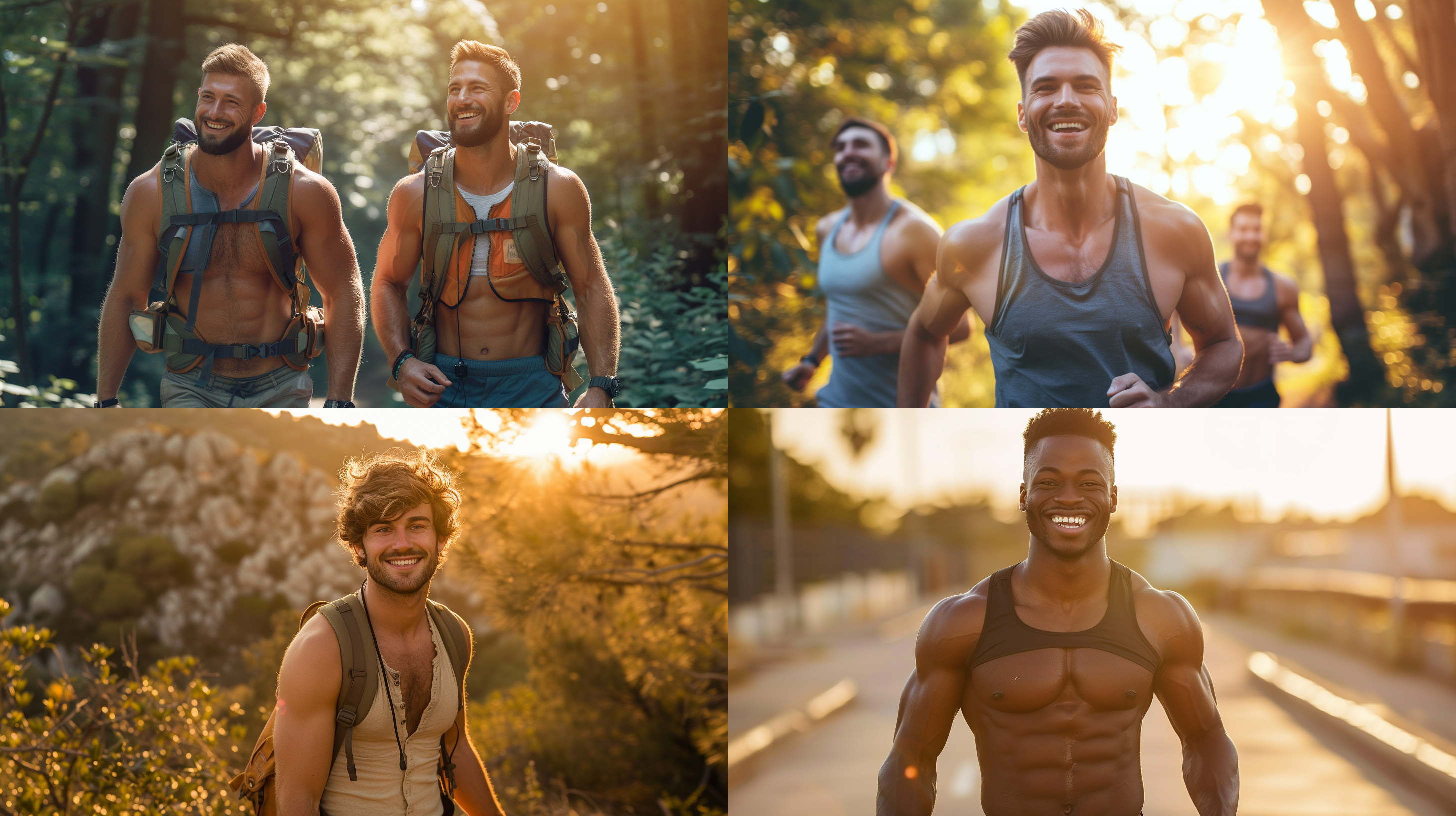 prompt. 男人健壮背心短裤微笑, 壮硕体型, 自信微笑,户外,清晰焦距,逆光,动作自信,阳光明媚,暖色调,快门速度。