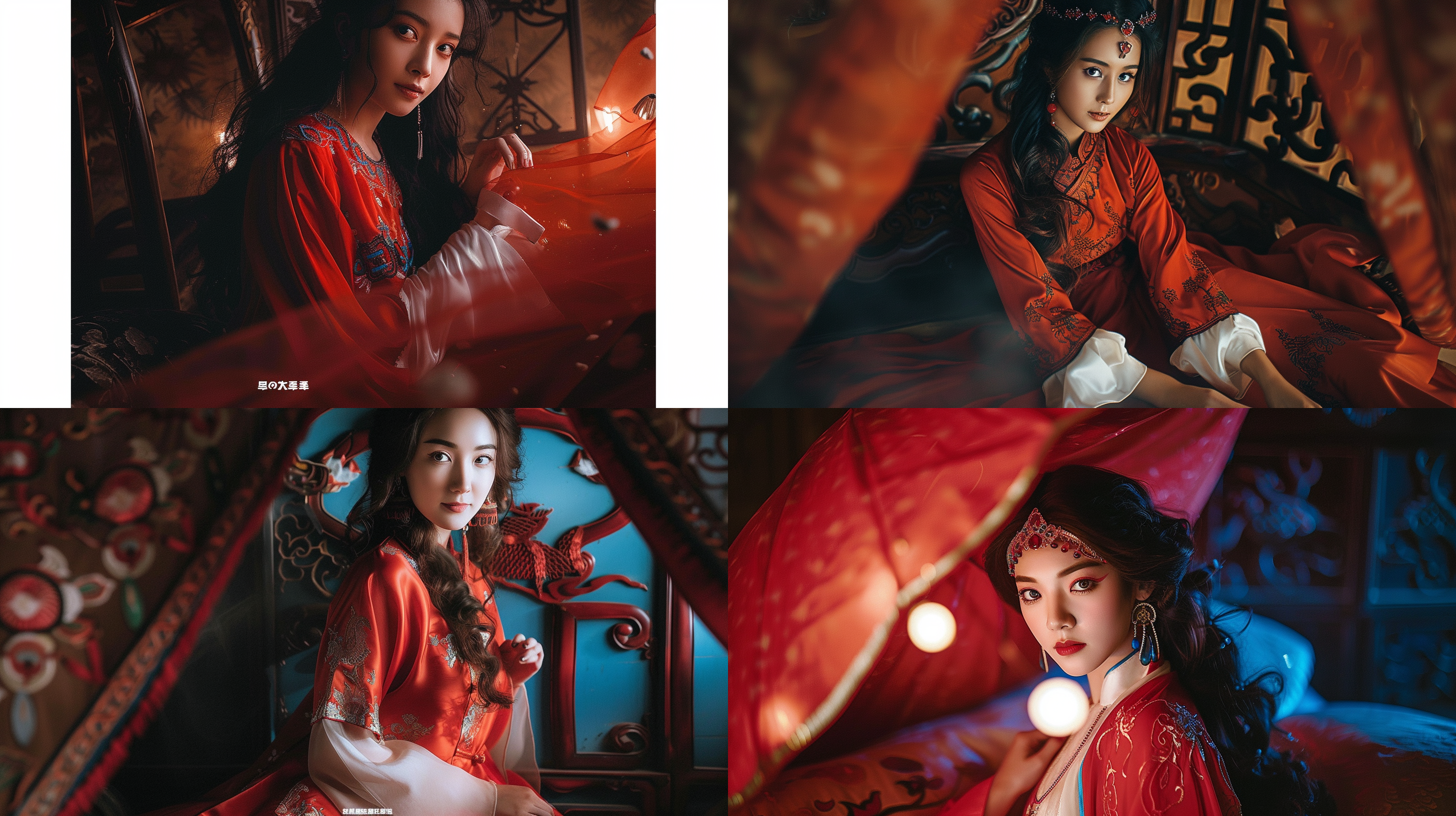 黑红色民族服饰，1980s风格，人像写真，8k，灯光照明，中式家具背景，长焦镜头，自信从容，鲜艳色彩，神秘氛围，夜晚室内拍摄，高对比度，暗调。