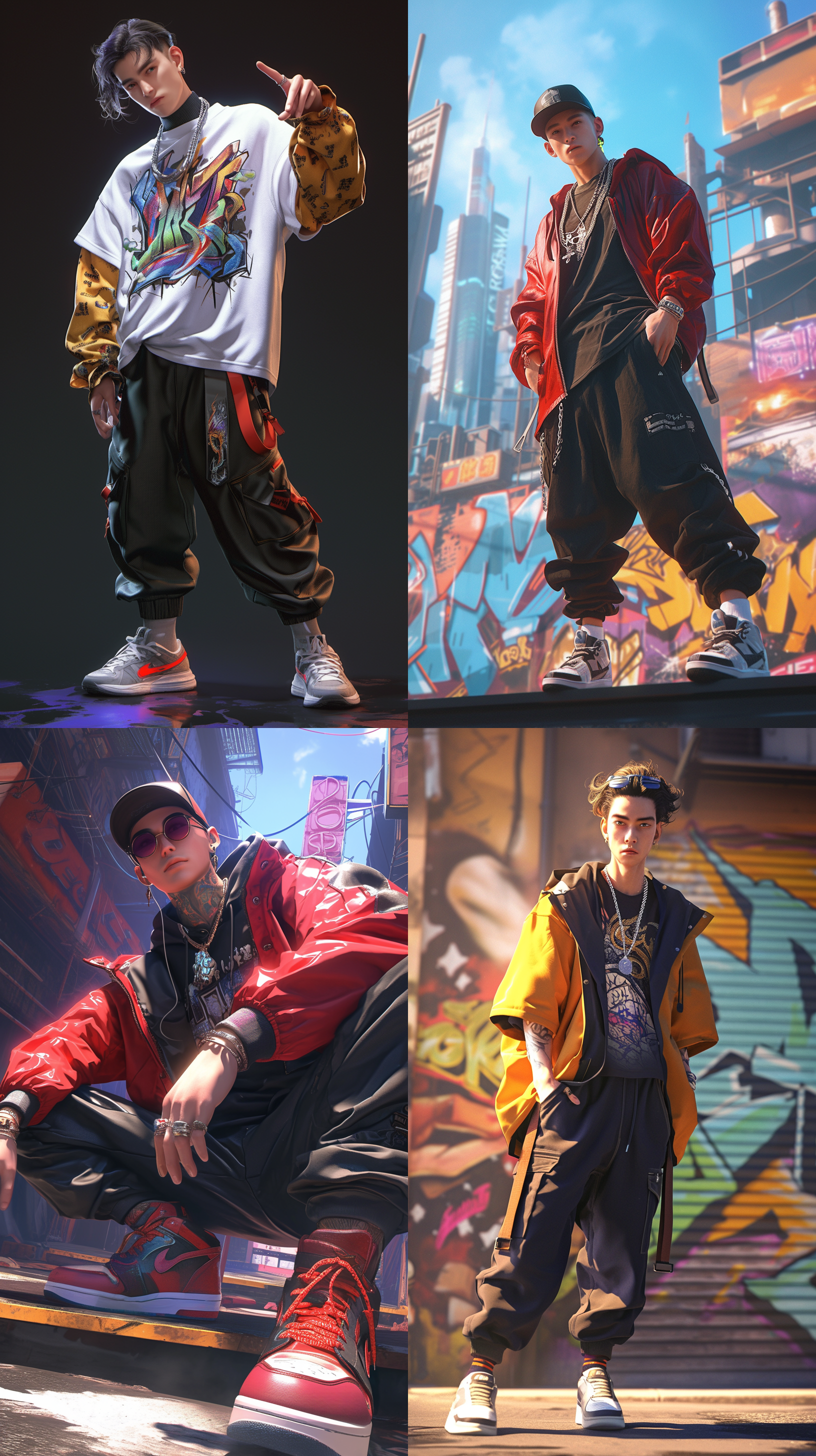 嘻哈风格，超帅气的亚洲男子，国潮嘻哈服装，摆着时尚动作，涂鸦背景，梦幻引擎，超逼真，超现实，超精细设计，超清晰外观设计，3d,数字渲染，视频拍摄，正视角度，莱卡镜头，8k