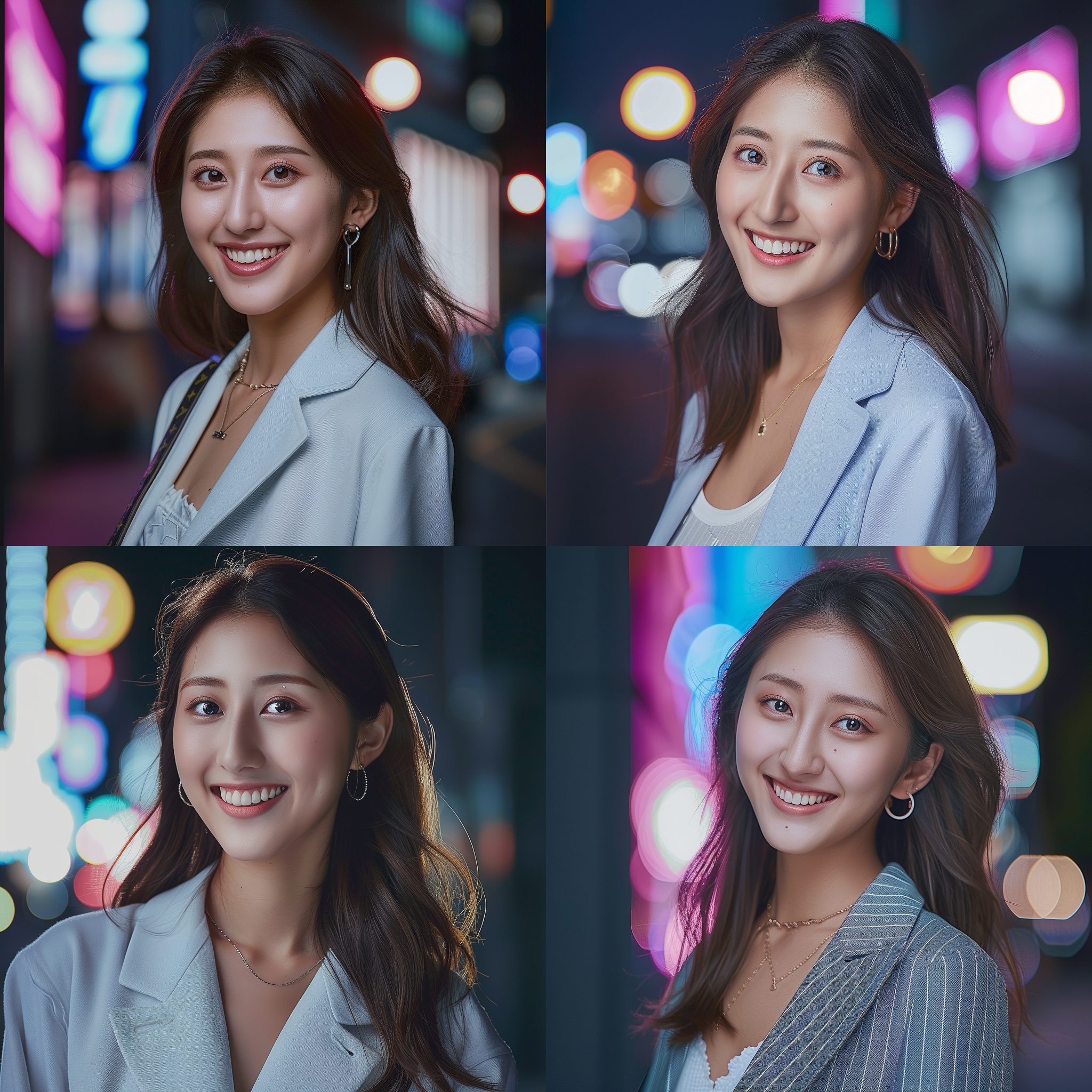 prompt. 美女穿着lv，城市街道上，时尚风格，lv标志，霓虹灯光，正面构图，中焦镜头，自信微笑，潮流感，色彩艳丽，现代氛围。