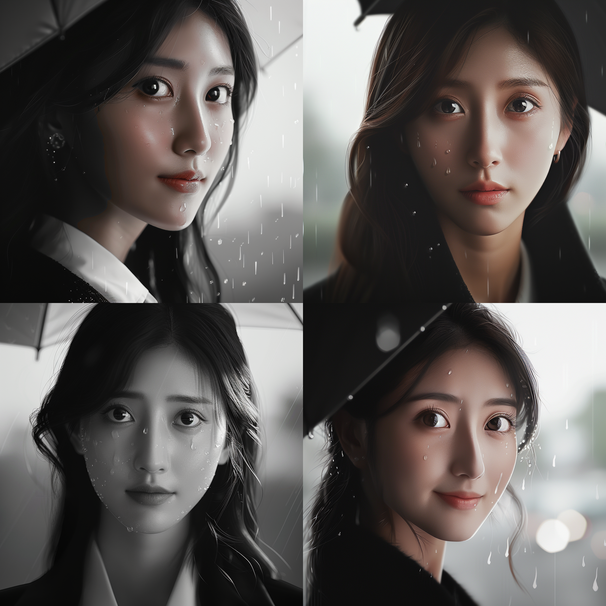 prompt. 美女在雨天，暗黑风格，北京，华丽，魔女，中心构图，长焦镜头，细雨，水珠，黑色连衣裙，神秘，情绪。