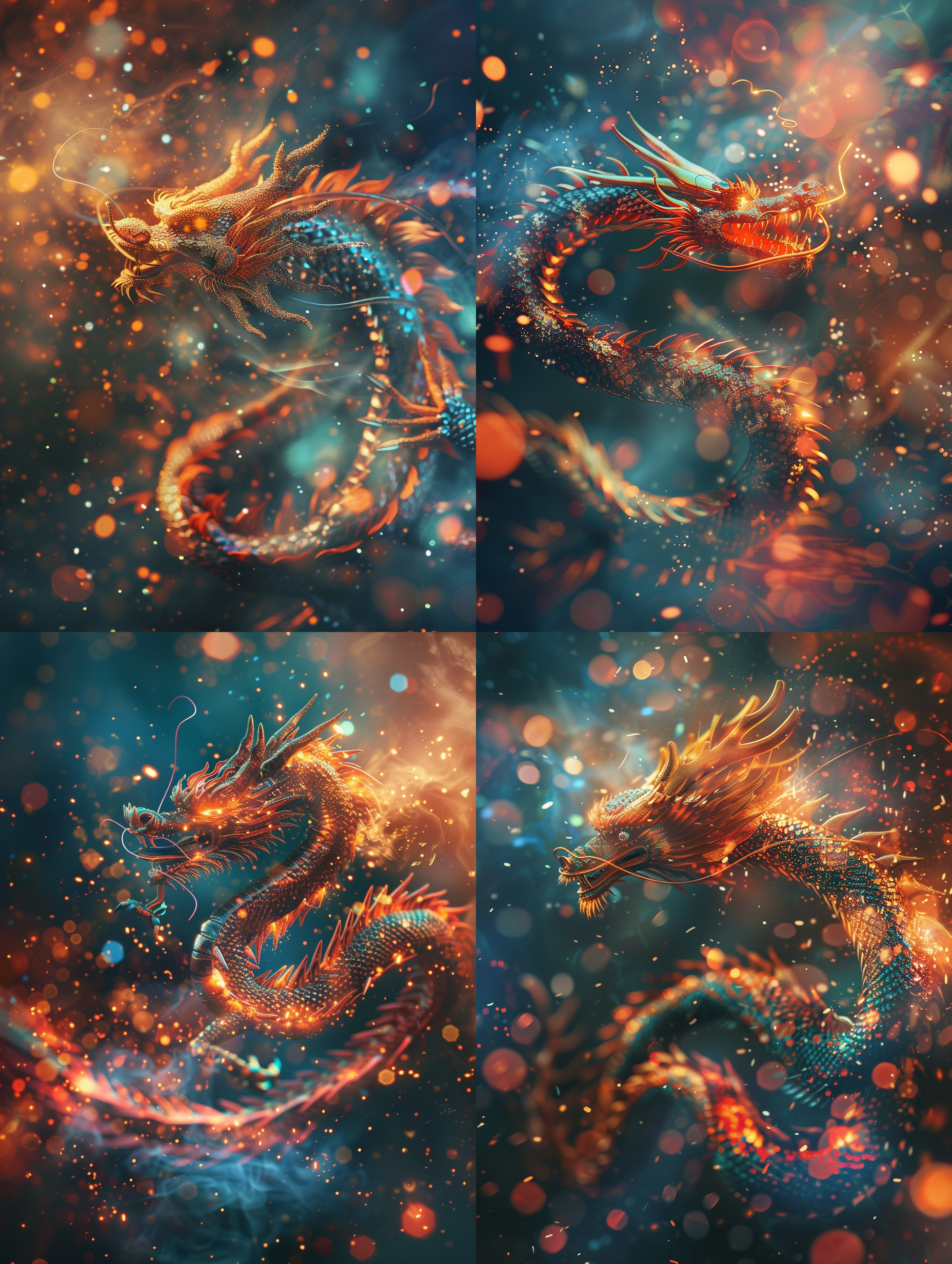 prompt. 烟花龙，绚丽多彩，夜晚，长焦镜头，追焦，缭绕旋转，传统风格，喜庆，神秘