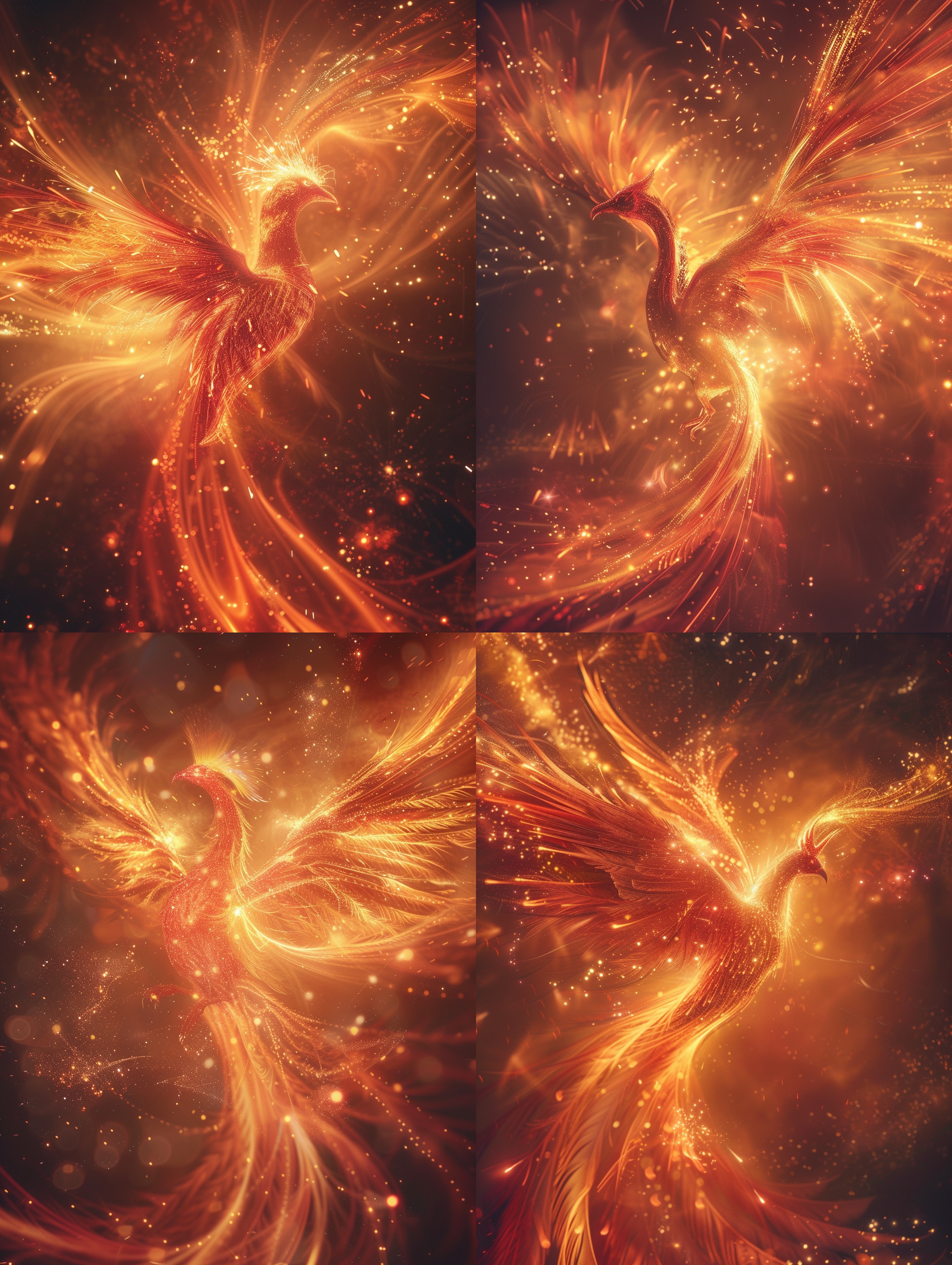 烟花组成的中国凤凰，在夜空中飞舞，展现出绚丽多彩的光芒。凤凰的羽毛呈现出华丽的红色和金色，翅膀散发着耀眼的光辉。凤凰的姿态优雅而自信，它的眼神中透露出智慧和力量。整个画面充满了魔幻和神秘感。烟花的爆炸形成了各种形状和图案，为凤凰增添了动感和生命力。照片采用长曝光技术，捕捉到烟花的流动和凤凰的飞翔。 烟花、凤凰、夜空、光芒、羽毛、红色、金色、姿态、眼神、智慧、力量、魔幻、神秘、爆炸、形状、图案、动感、生命力、长曝光技术、流动、飞翔。