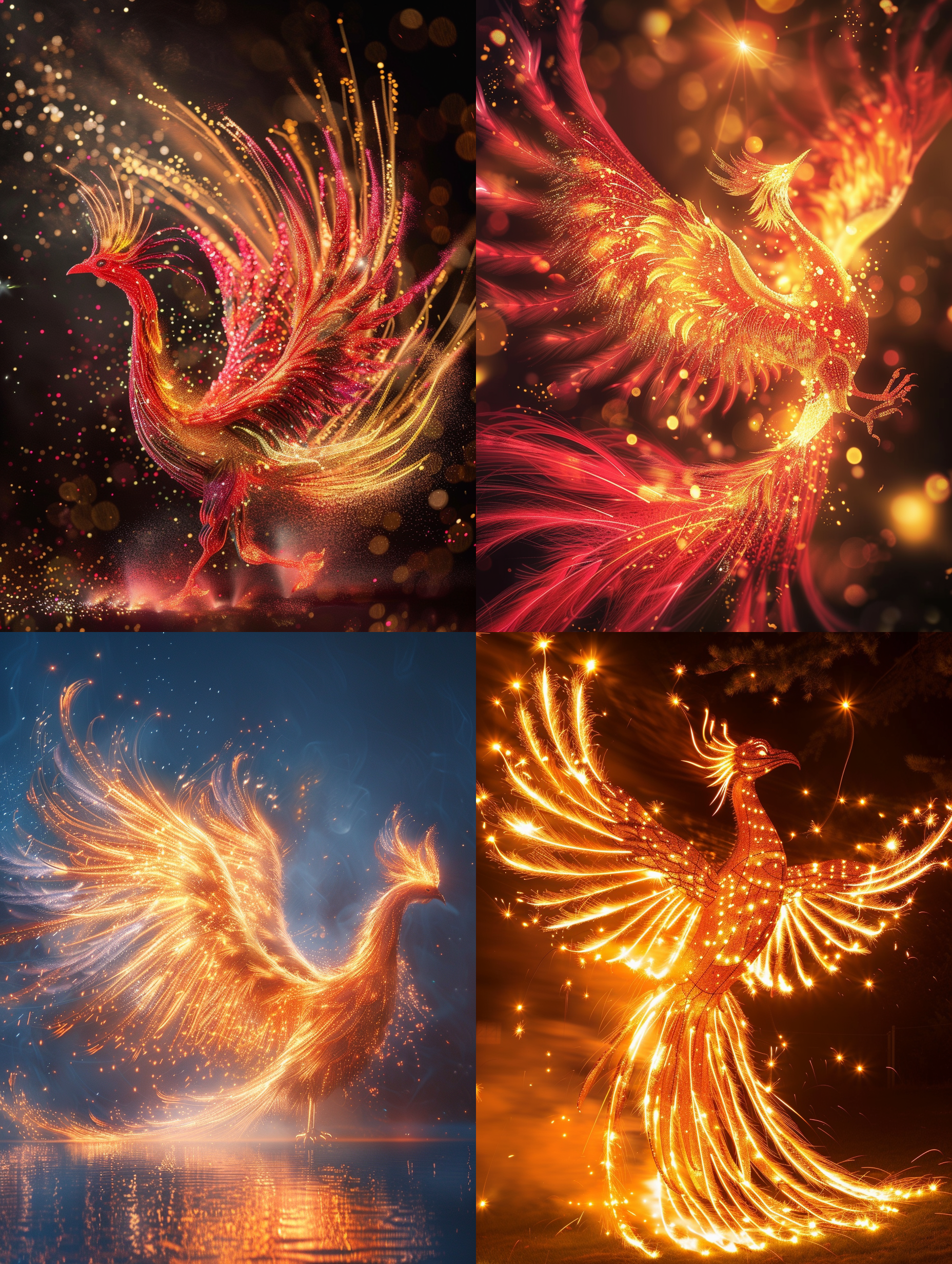 烟花组成的中国凤凰，在夜空中飞舞，展现出绚丽多彩的光芒。凤凰的羽毛呈现出华丽的红色和金色，翅膀散发着耀眼的光辉。凤凰的姿态优雅而自信，它的眼神中透露出智慧和力量。整个画面充满了魔幻和神秘感。烟花的爆炸形成了各种形状和图案，为凤凰增添了动感和生命力。照片采用长曝光技术，捕捉到烟花的流动和凤凰的飞翔。 烟花、凤凰、夜空、光芒、羽毛、红色、金色、姿态、眼神、智慧、力量、魔幻、神秘、爆炸、形状、图案、动感、生命力、长曝光技术、流动、飞翔。