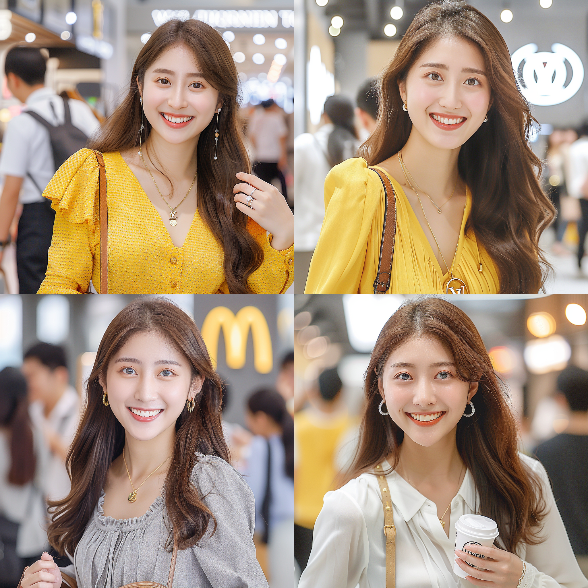 prompt. 美女，lv手提包，麦当劳内，时尚服饰，自信微笑，北京市，室内环境，lv品牌色调，50mm定焦镜头，自然光，抓拍，现代感。