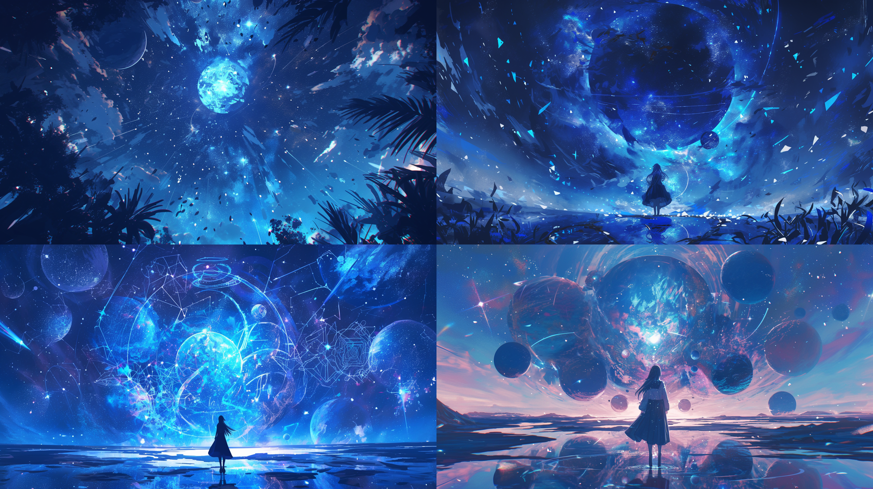 prompt. 星河宇宙，星球，唯美, 宇宙风景，对称构图，广角镜头，暗色调，星空背景，柔和光线，静态，神秘，蓝色调。