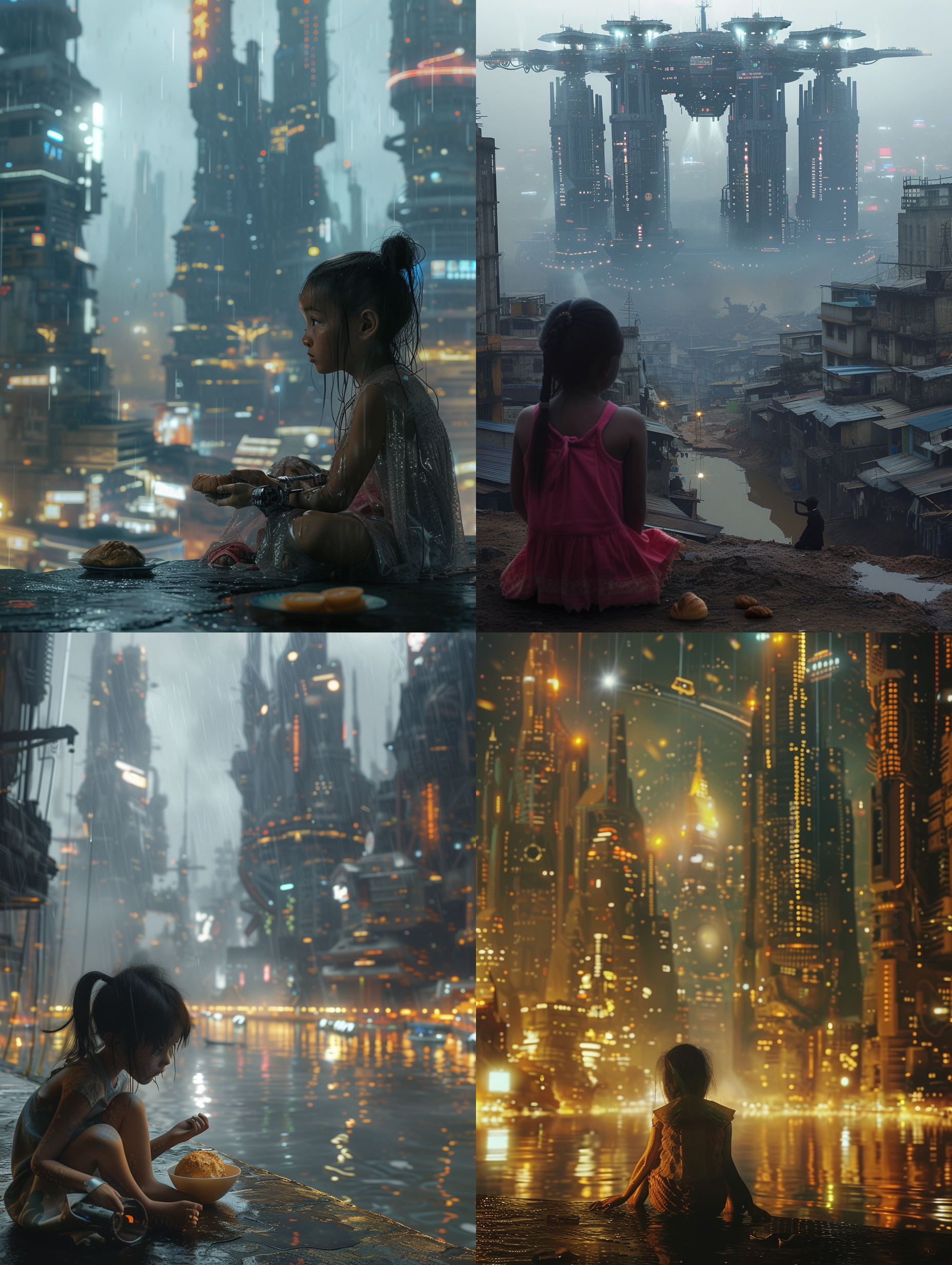 未来世界巨大城市, 超高建筑，天上高科技飞行器，机器人，广角摄影, 赛博朋克, 夜景, 霓虹灯, 全息投影, 下雨, 积水反射, 大场景, 高科技, 贫富悬殊, 上层富人区, 下层贫民窟, 10岁小女孩, 衣衫褴褛, 机械义肢，蹲路边, 吃面包, 遥望高层建筑。