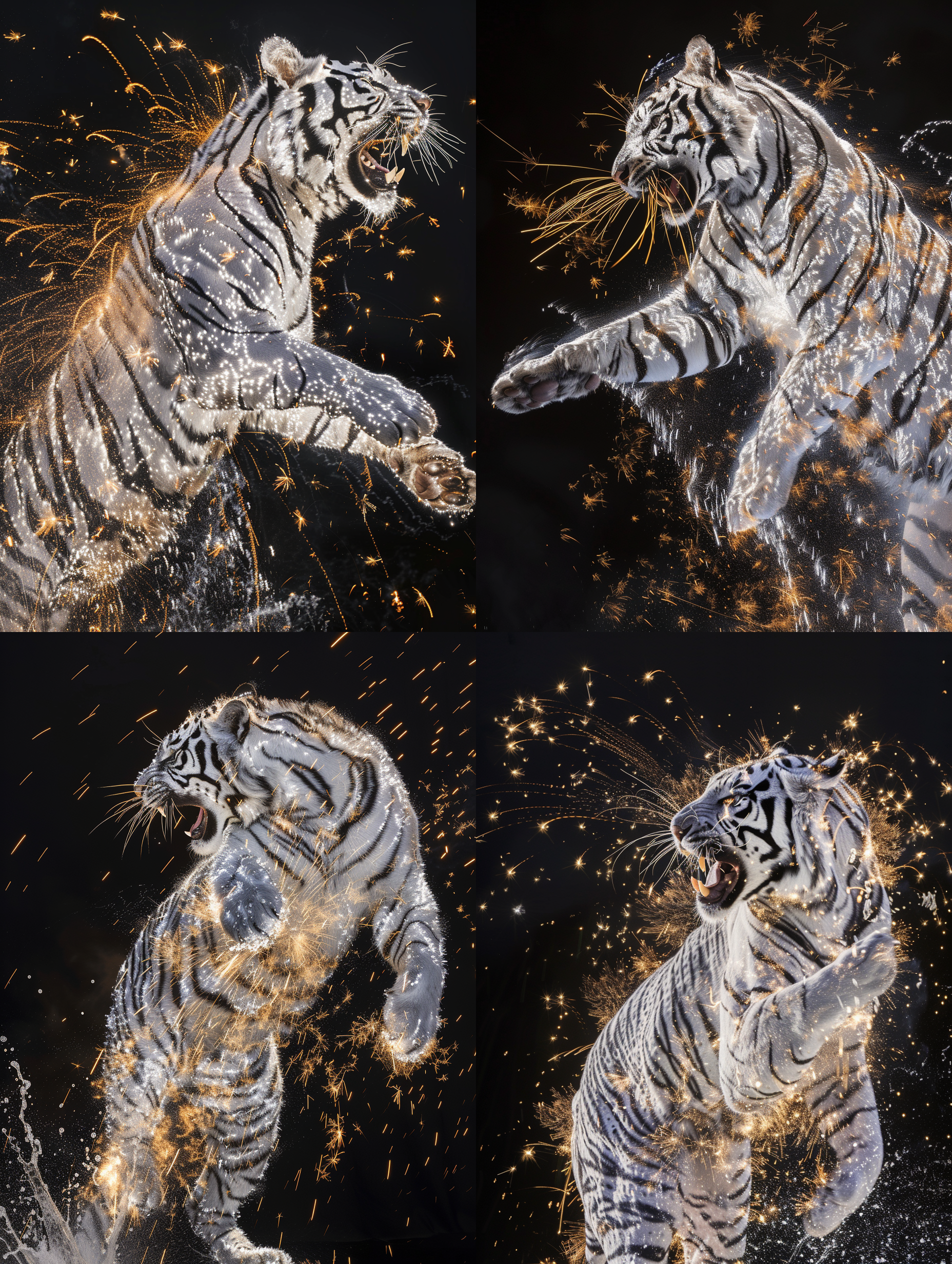 prompt. 烟花制作的中国神兽白虎, 夜晚，色彩斑斓，细节丰富，壮观，长焦镜头，爆炸光，震撼，惊艳。