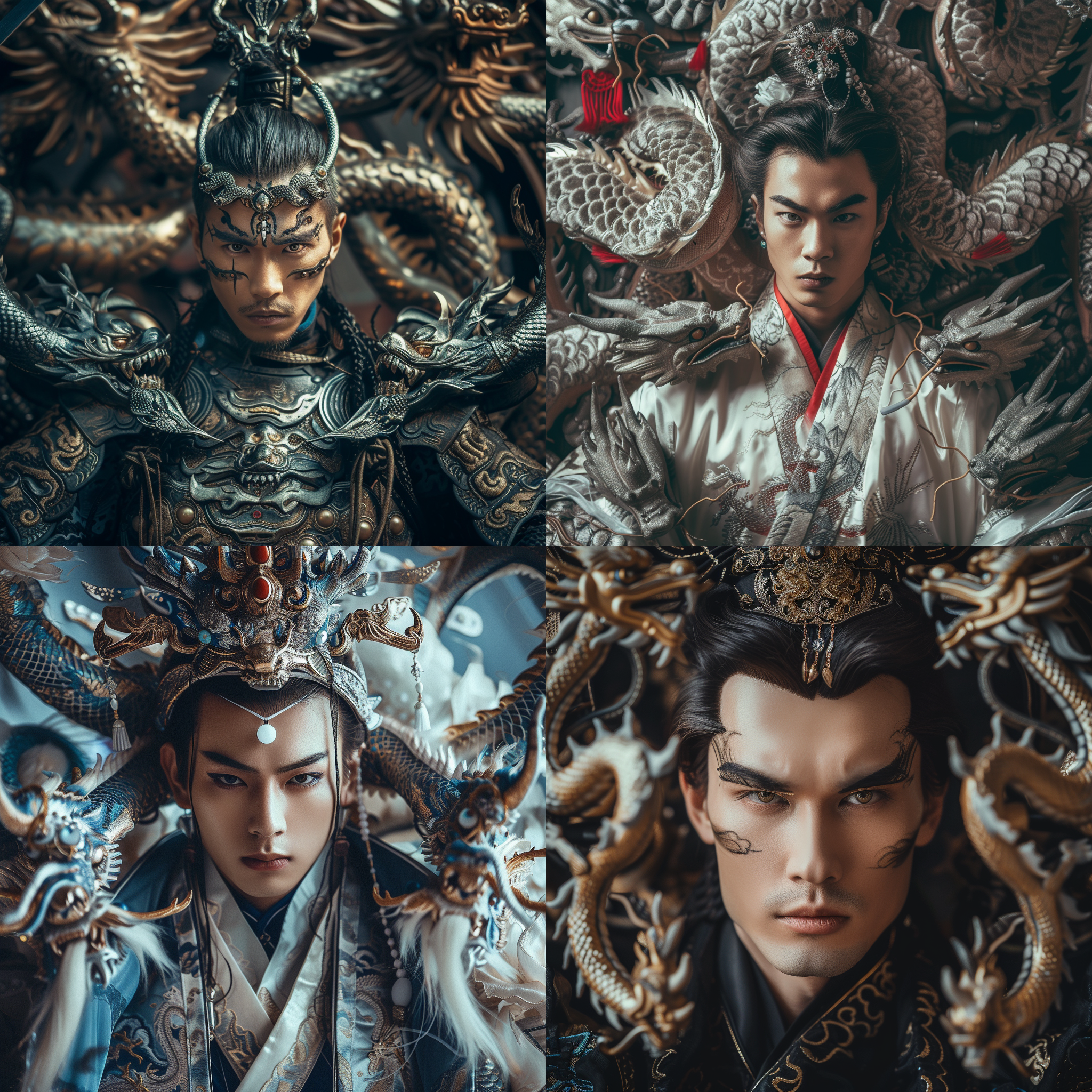 剑眉星目的帅气男子，cosplay，国潮风格，中国龙环绕，中心构图，全身特写。白金配色