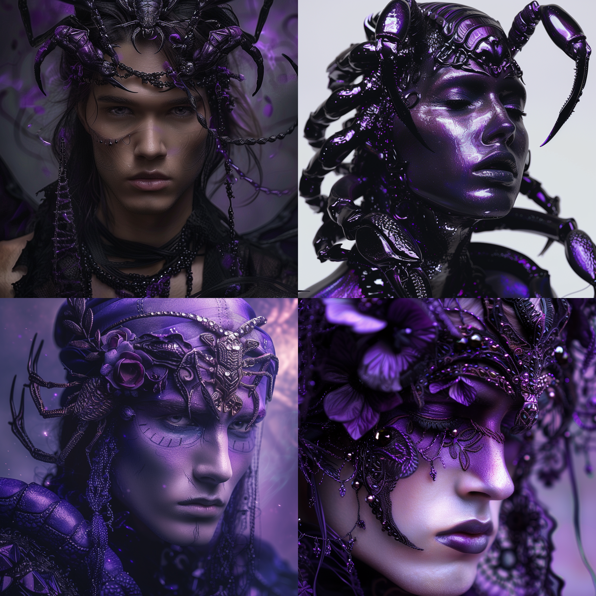 天蝎座风格，紫黑配色，美漫风格，男生头上有蝎子头套，五官精致立体。中心构图，全身特写，细节拉满
