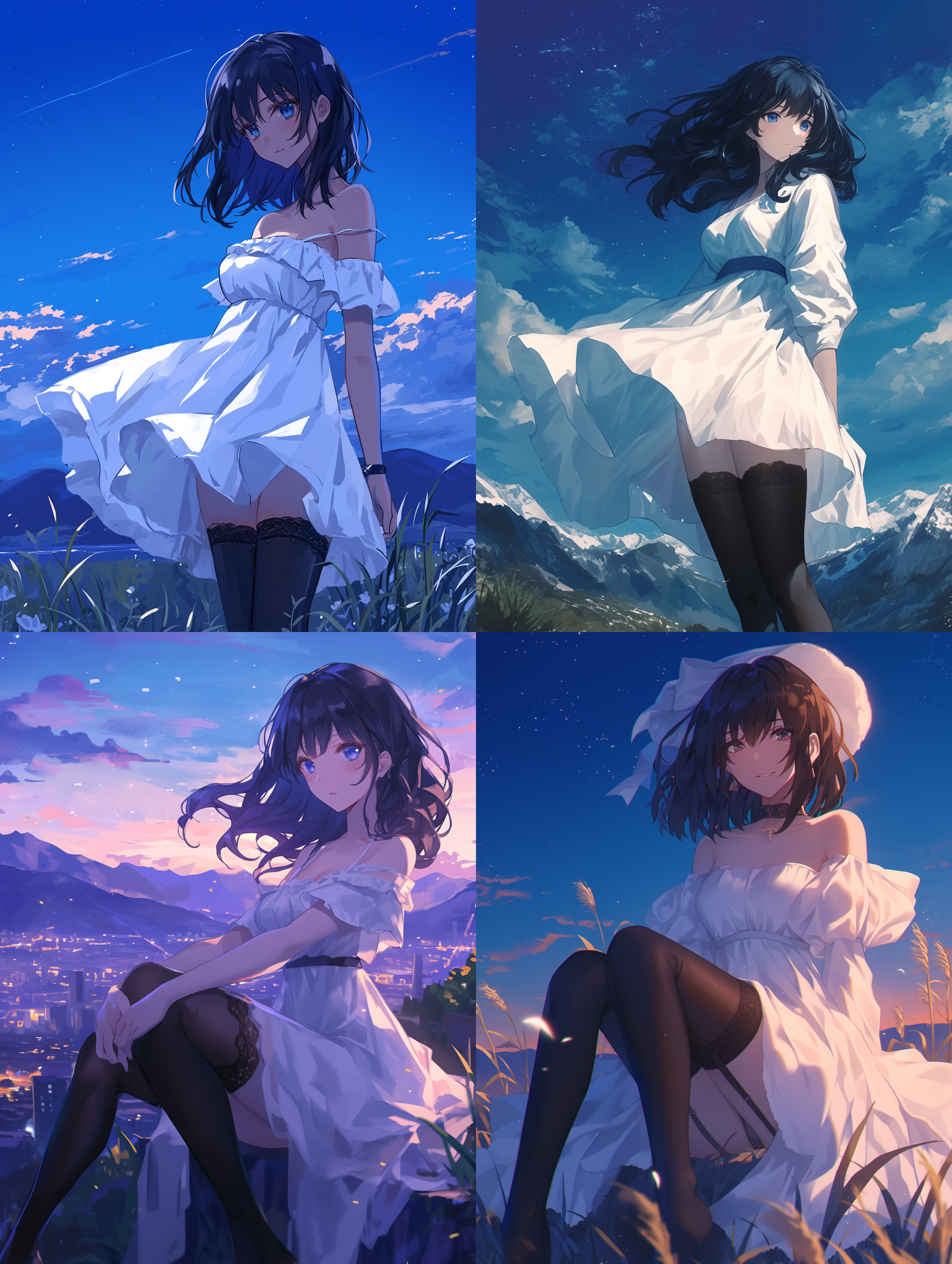 女人穿着白色裙子，戴着黑色丝袜，在户外，晚上。黑色头发，背景是山里，动漫