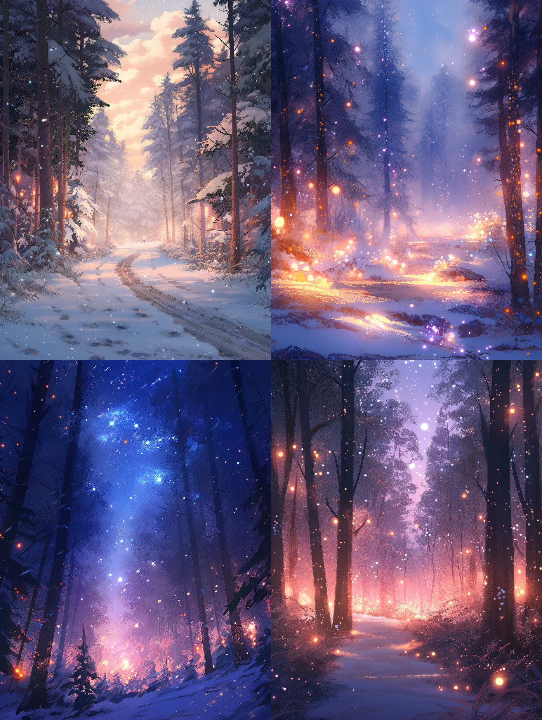黑暗中带着银色灯光的童话风格，深橙色和浅紫色的风格，松树上被积雪覆盖，梦幻般的现实主义，星星艺术团（星星），森林朋克，雪景，现实主义的灯光，浅金色和深紫色 超级高分辨率 大文件 风景