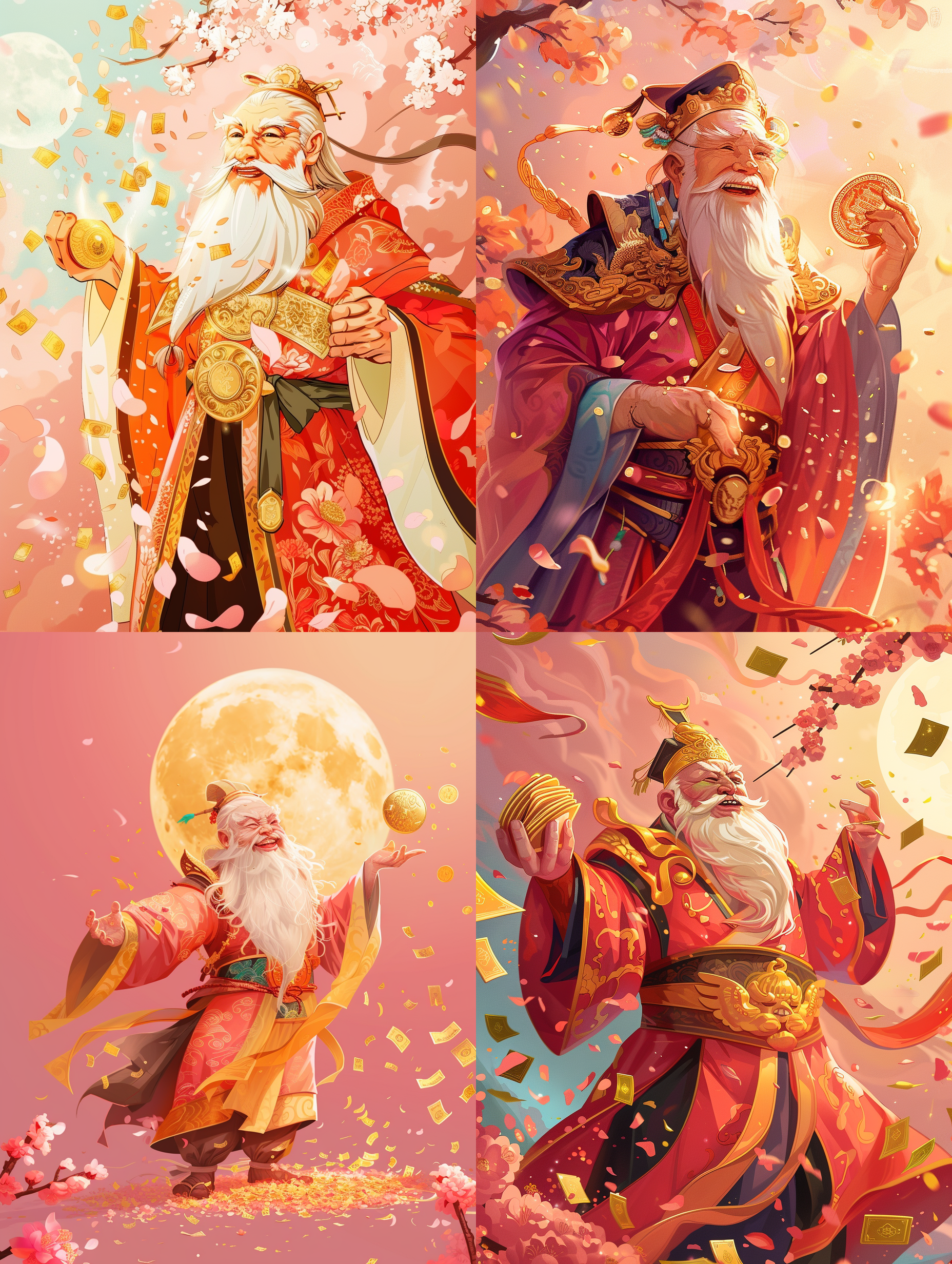 prompt. 月老与财神爷，q版卡通，桃花粉色背景，金钱雨，逆光，抛撒动作，温暖色调，喜悦。