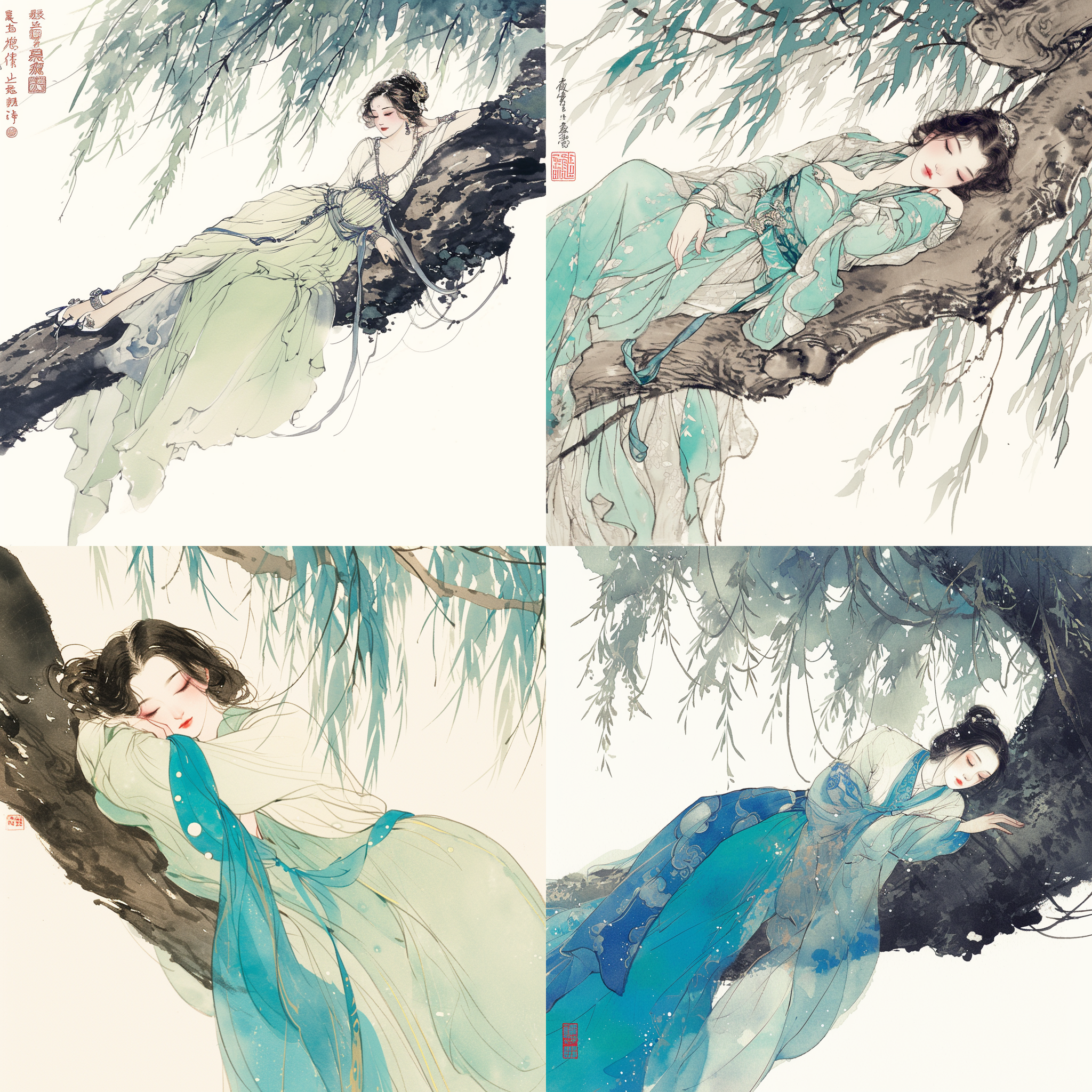 一个躺在树干上的中国古代美女，穿着中国古代连衣裙的流动薄纱，夏天，柳条摇曳，水墨风格，中国古代艺术家仇英风格，空白，写意，绿色和蓝色，杰作，最高质量