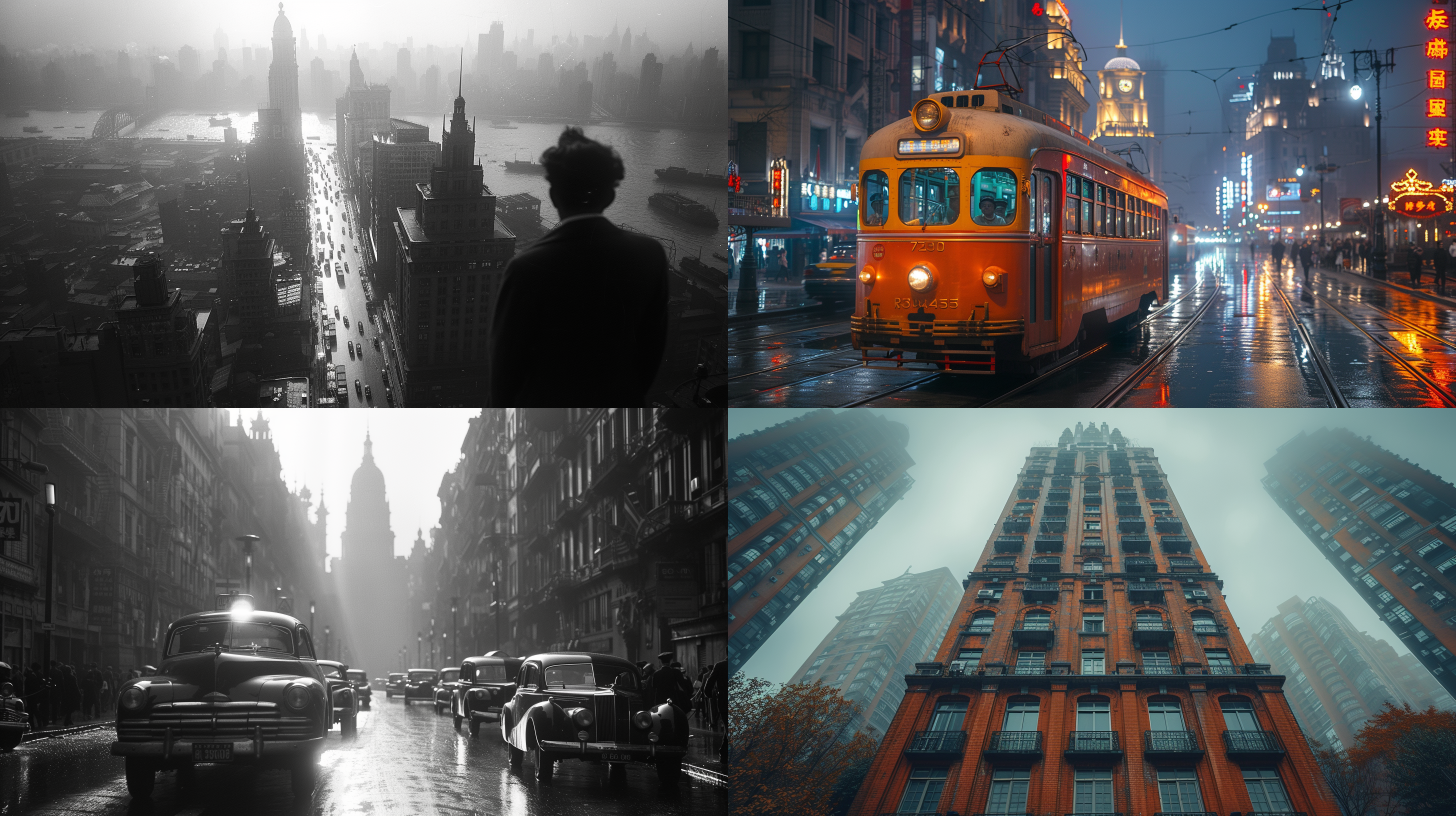 复古摄影，40年代的上海，城市风光，富士x-t4相机，平视视角，自然光照明，怀旧时光，宽幅构图，特写镜头 - ar 3:2 -s 250