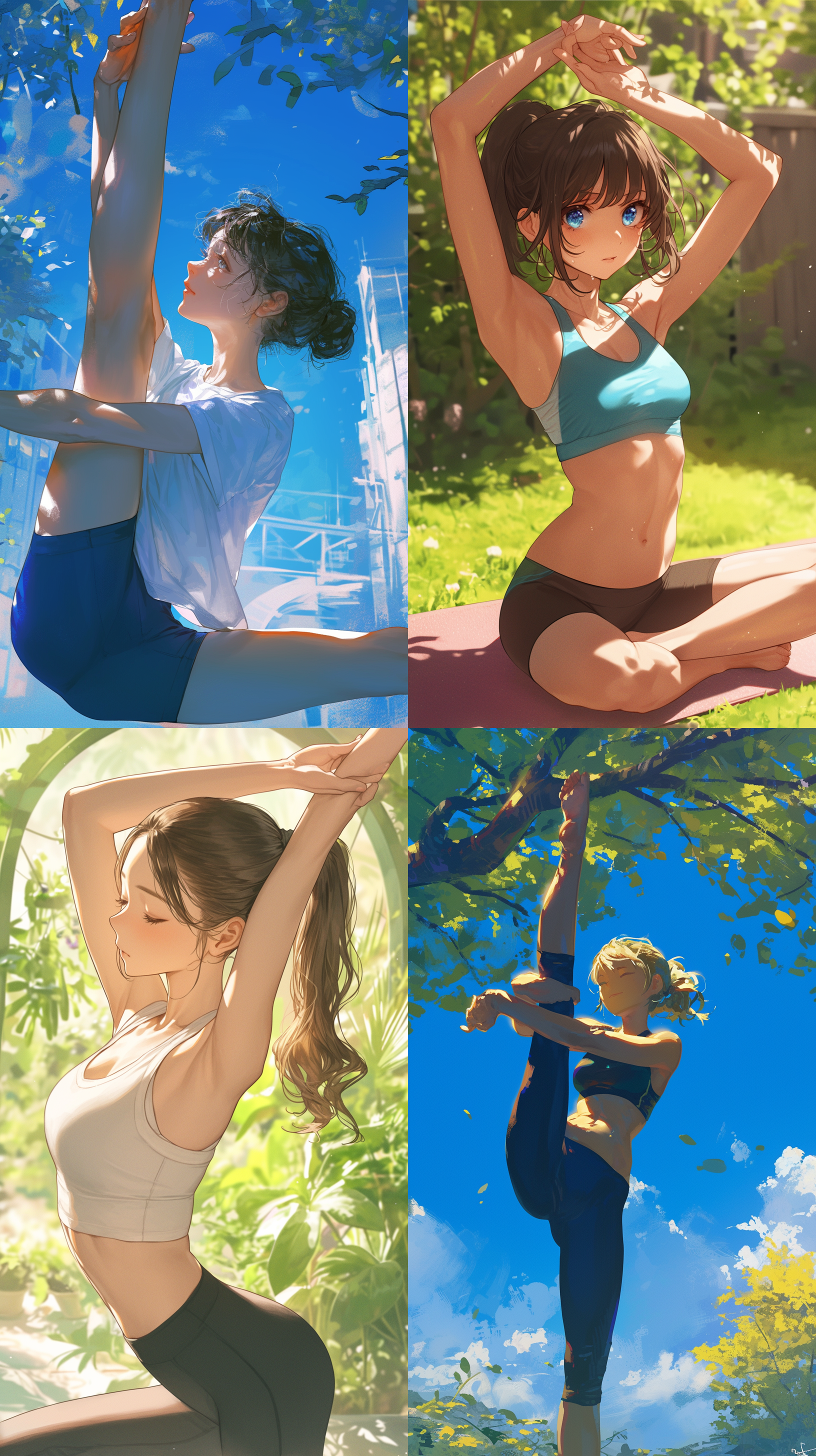 女生瑜伽, 户外拍摄, 大自然背景, 柔和光线, 静态姿势, 清晰焦点, 远景构图, 全身特写, 伸展, 灵活, 平衡, 放松, 和谐.