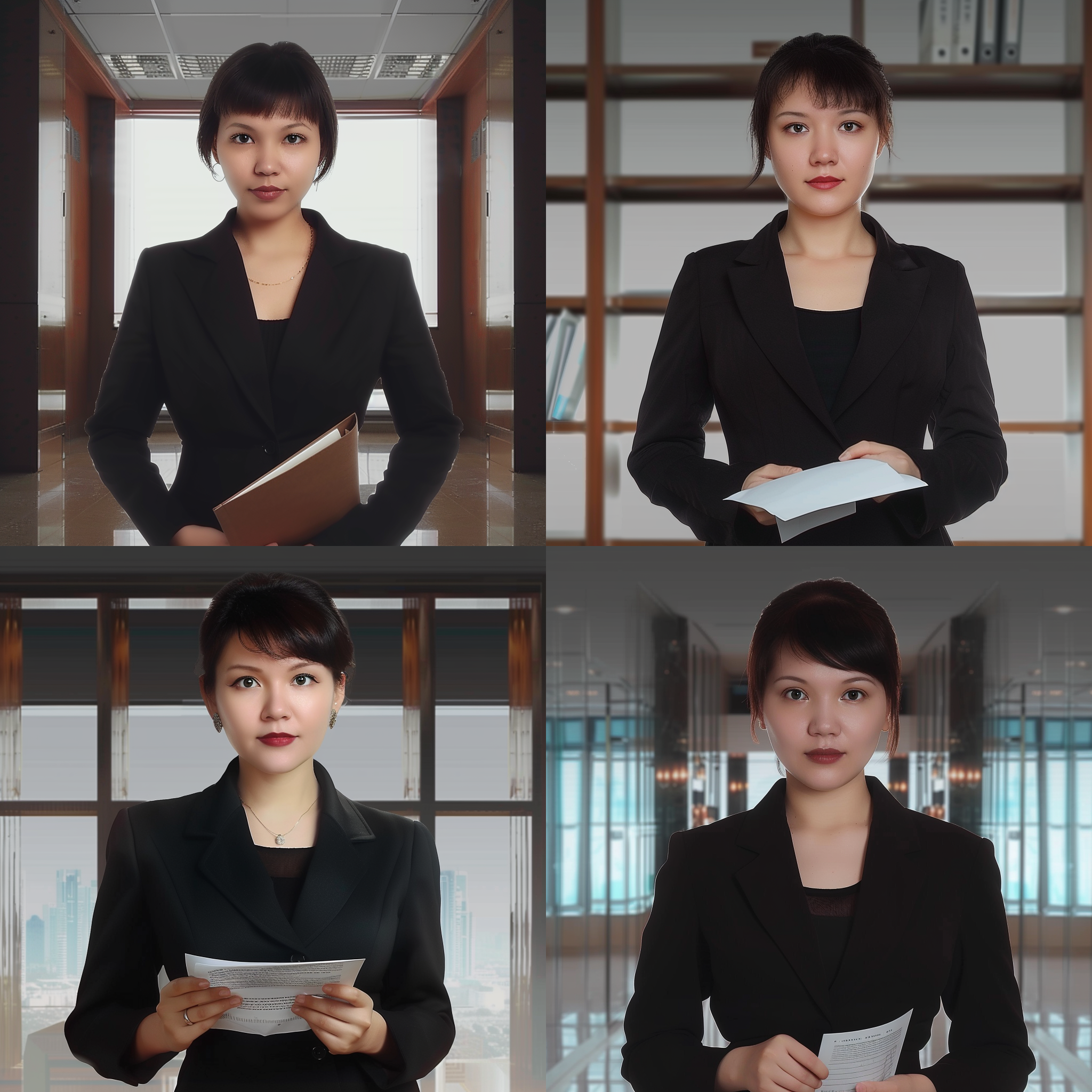 prompt. 秘书站在办公室，现代风格，中景，冷色调，正面光，标准镜头，静态，专业，黑色连衣裙，黑色丝袜和高跟鞋，拿着文件，专注的表情。