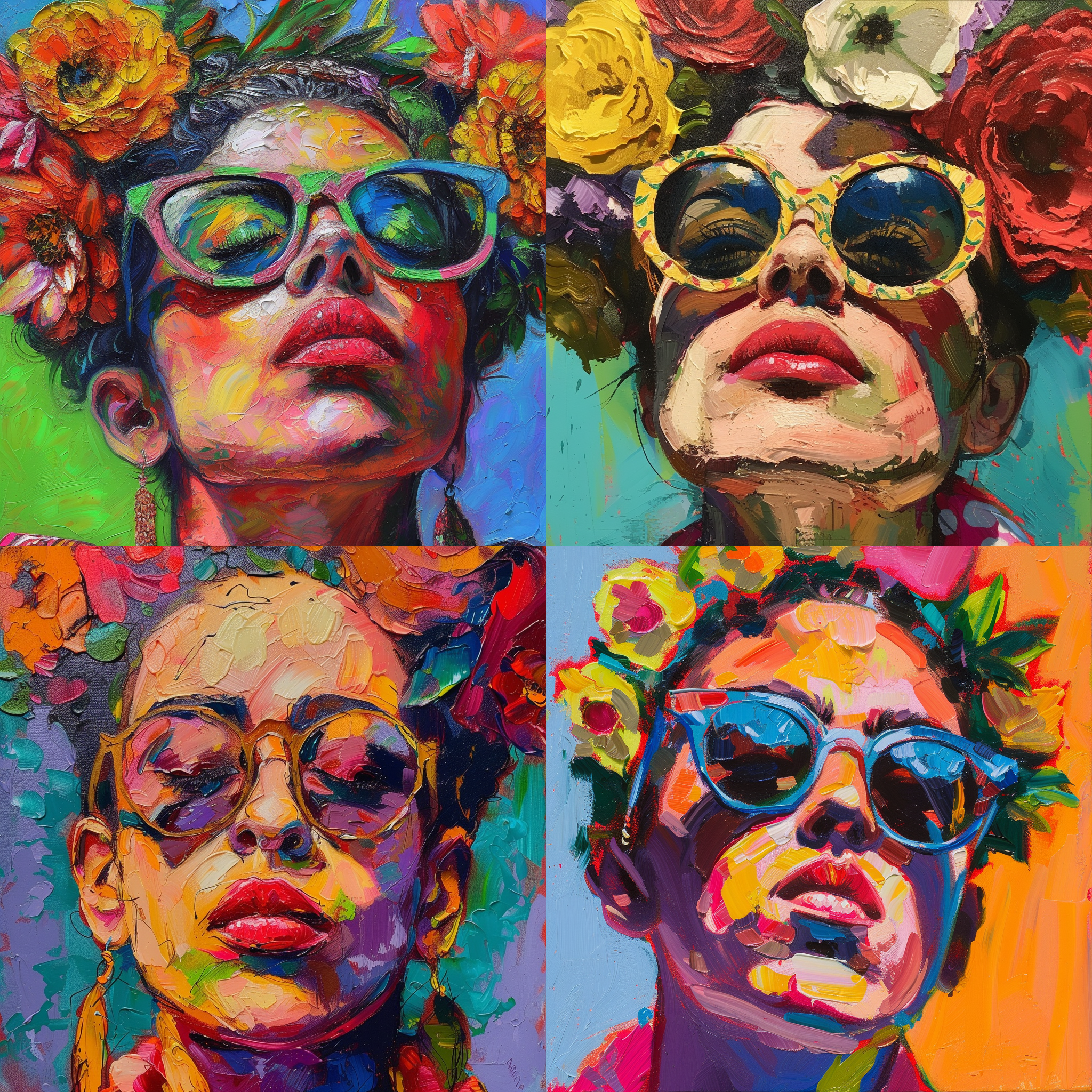 prompt. 弗里达卡罗，自画像，近距离特写，高清晰度，鲜艳色彩，浓重笔触，复杂情绪，墨镜，花环，墨西哥风格，自我探索。