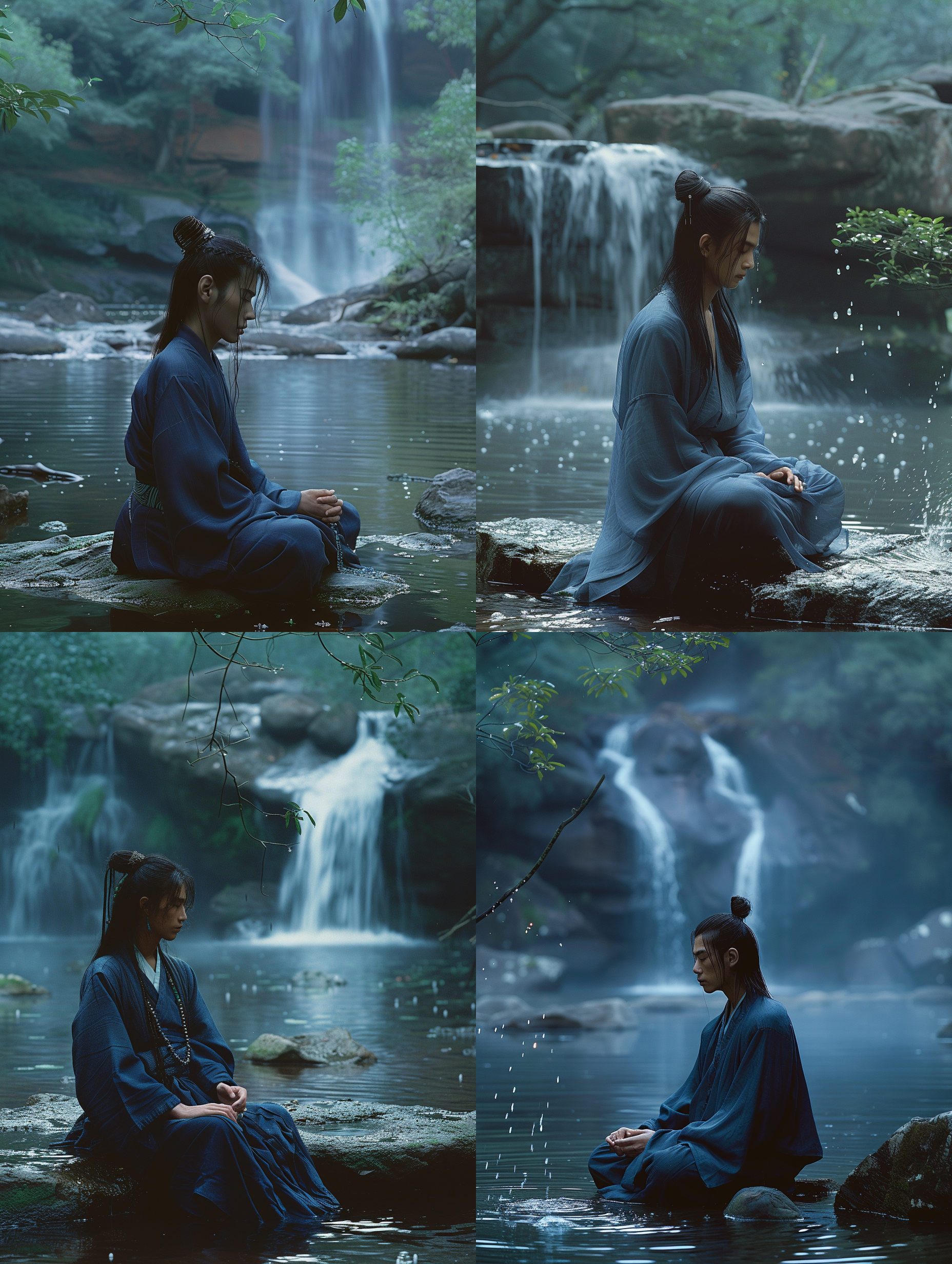 张曼玉坐在水中，穿着蓝色汉服，受古代中国艺术影响。电影剧照呈现历史再现的感觉，以16:9宽屏比例和5.2版本的动态图像形式展现。张曼玉面部特征夸张，橡胶制品创造出奇幻的效果。青蛇1993的主题在这张照片中得到了完美的呈现。