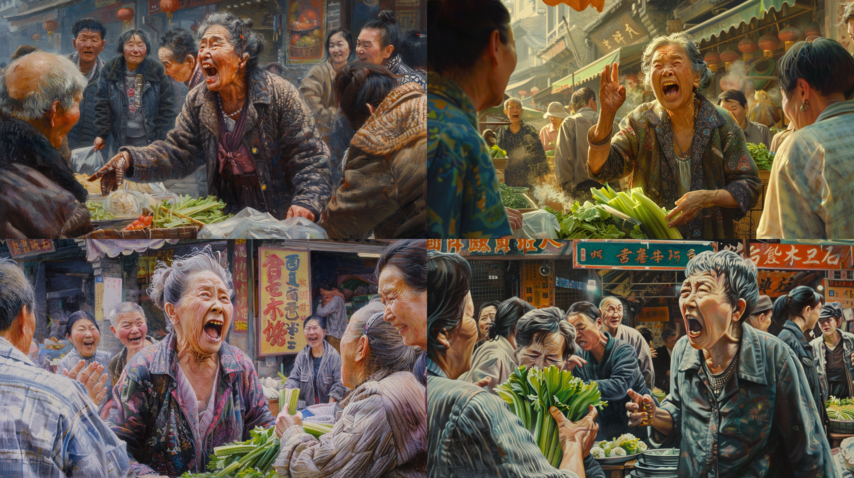 中国，当代，油画效果，早晨的市场，一个中年妇女在买芹菜，和摊主激烈争吵，张大嘴，口水乱飞，逆光，旁边的观众在笑，张大嘴，广角镜头，人物细节精致