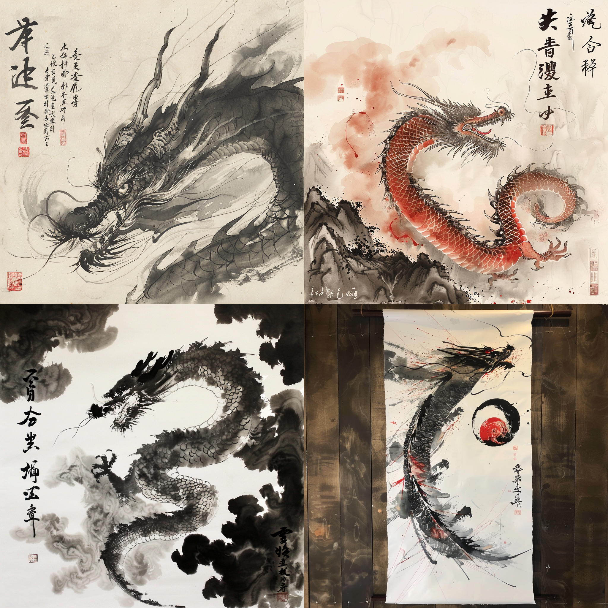 prompt. 齐白石风格，龙年吉祥卷轴，传统绘画，水墨画风，龙形象，祥云装饰，细腻线条，简洁色彩，流畅笔触，吉祥祝福，传统文化。